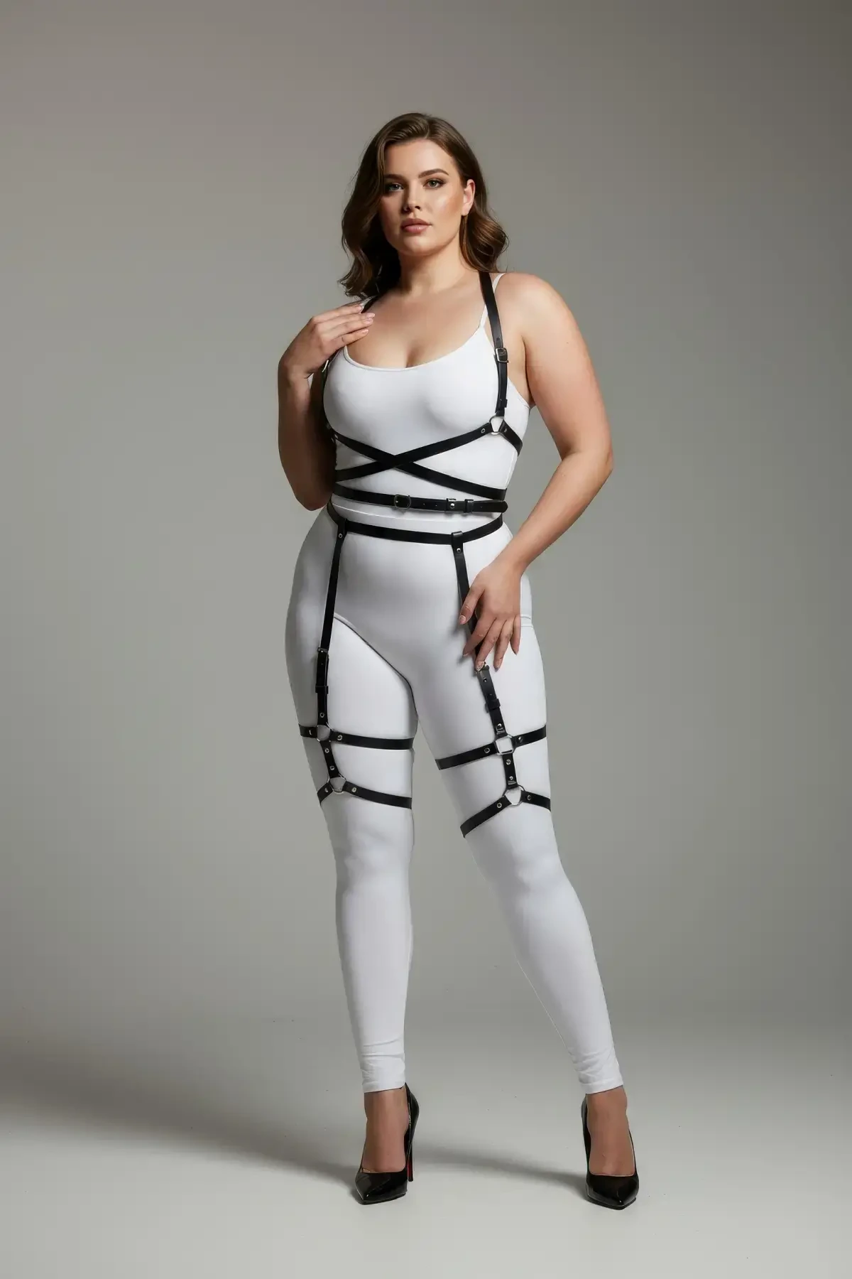 Large Size Black Women's Leather Garter Harness, Stylish Combination Accessory That Wraps the Body - APFT274