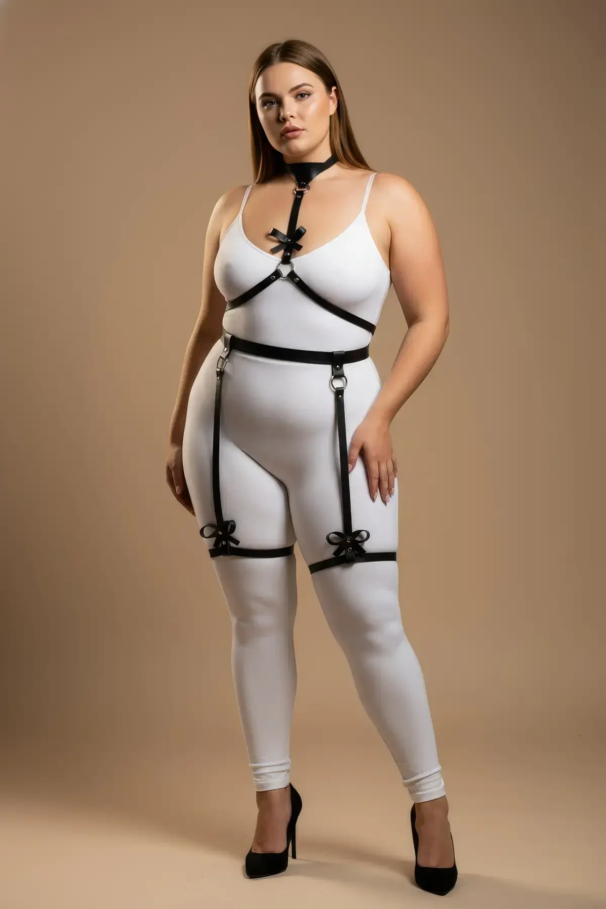 Plus Size Black Women's Garter Harness Fantasy Body Accessory with Bow Detail - APFT276