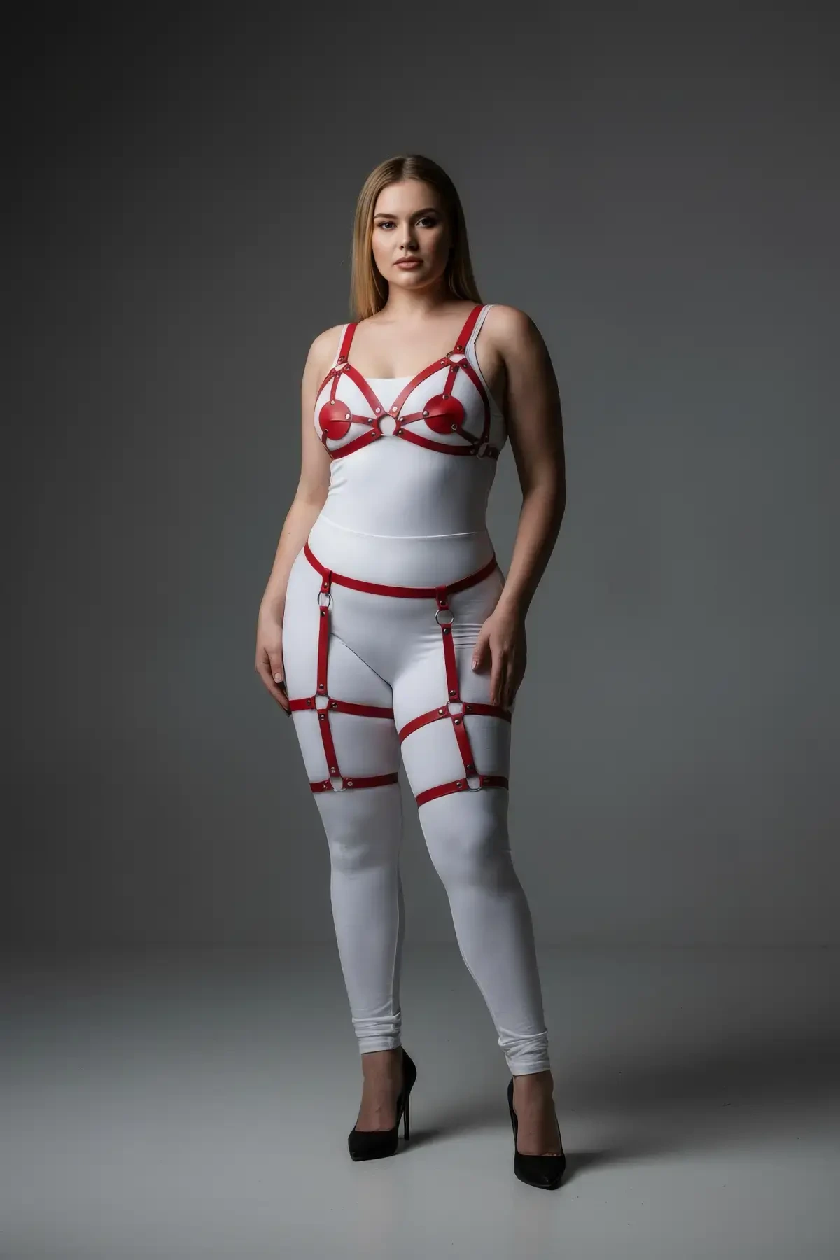 Plus Size Red Women's Garter Harness Leather Fantasy Clothing Set - APFT285