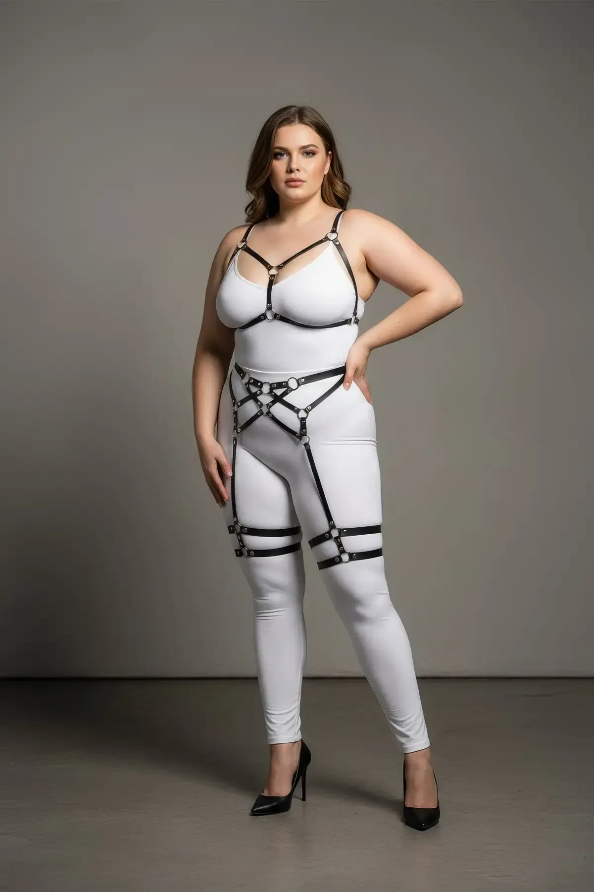 Plus Size Black Women's Garter Harness Full Body Leather Set - APFT289
