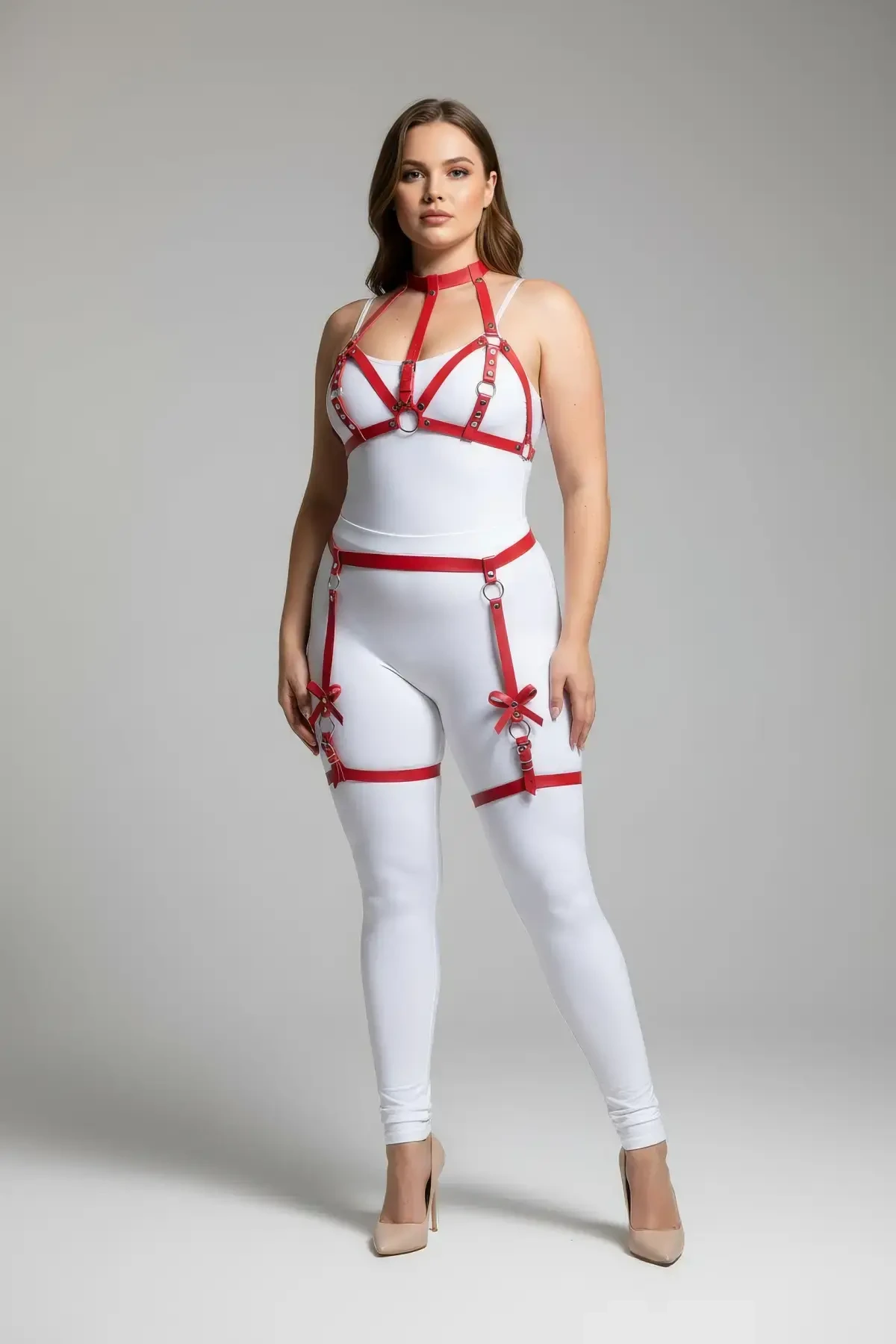 Plus Size Red Women's Leather Look Garter Harness Set with Bow Detail - APFT310