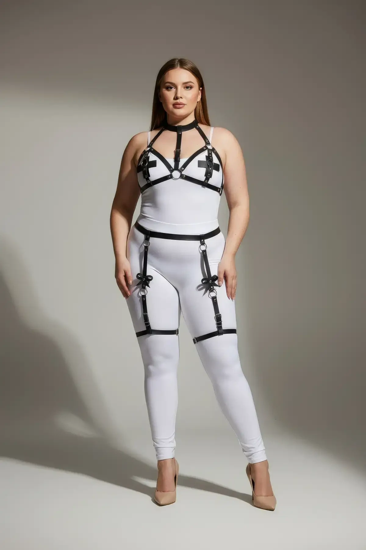 Plus Size Black Women's Leather Garter Harness Bustier Detailed Fantasy Set - APFT310