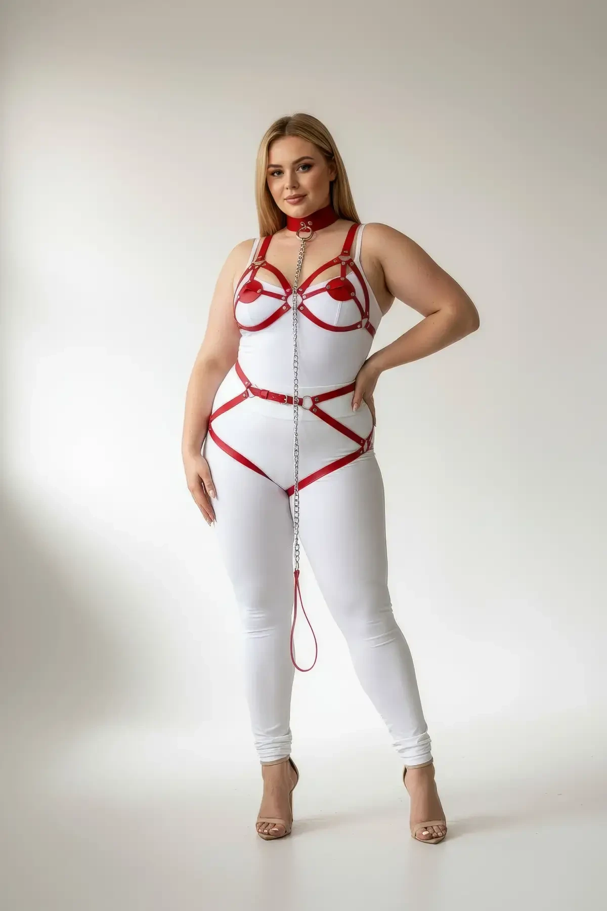 Plus Size Red Women's Garter Harness Chain Detailed Leather Full Body Accessory - APFT311