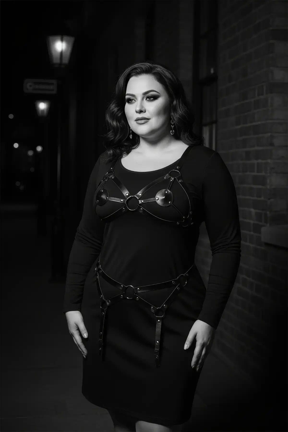 Plus Size Black Women's Leather Garter Harness Ring Detailed Combination Complement - APFT336