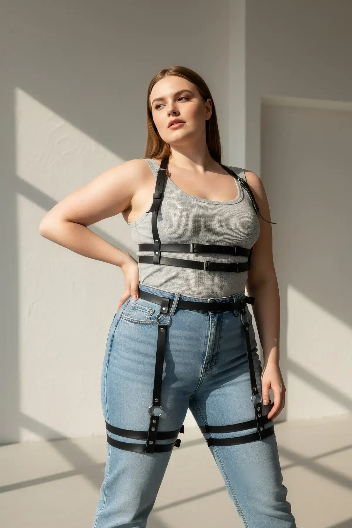 Plus Size Black Women's Leather Garter Harness Lower Upper Body Accessory - APFT537