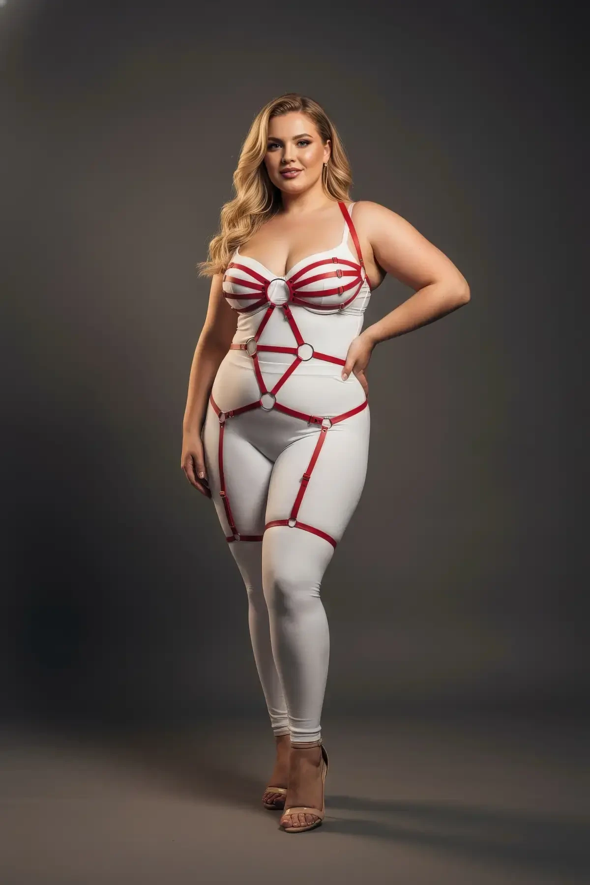 Plus Size Red Women's Garter Harness Full Body Ring Detailed Fantasy Accessory - APFT568