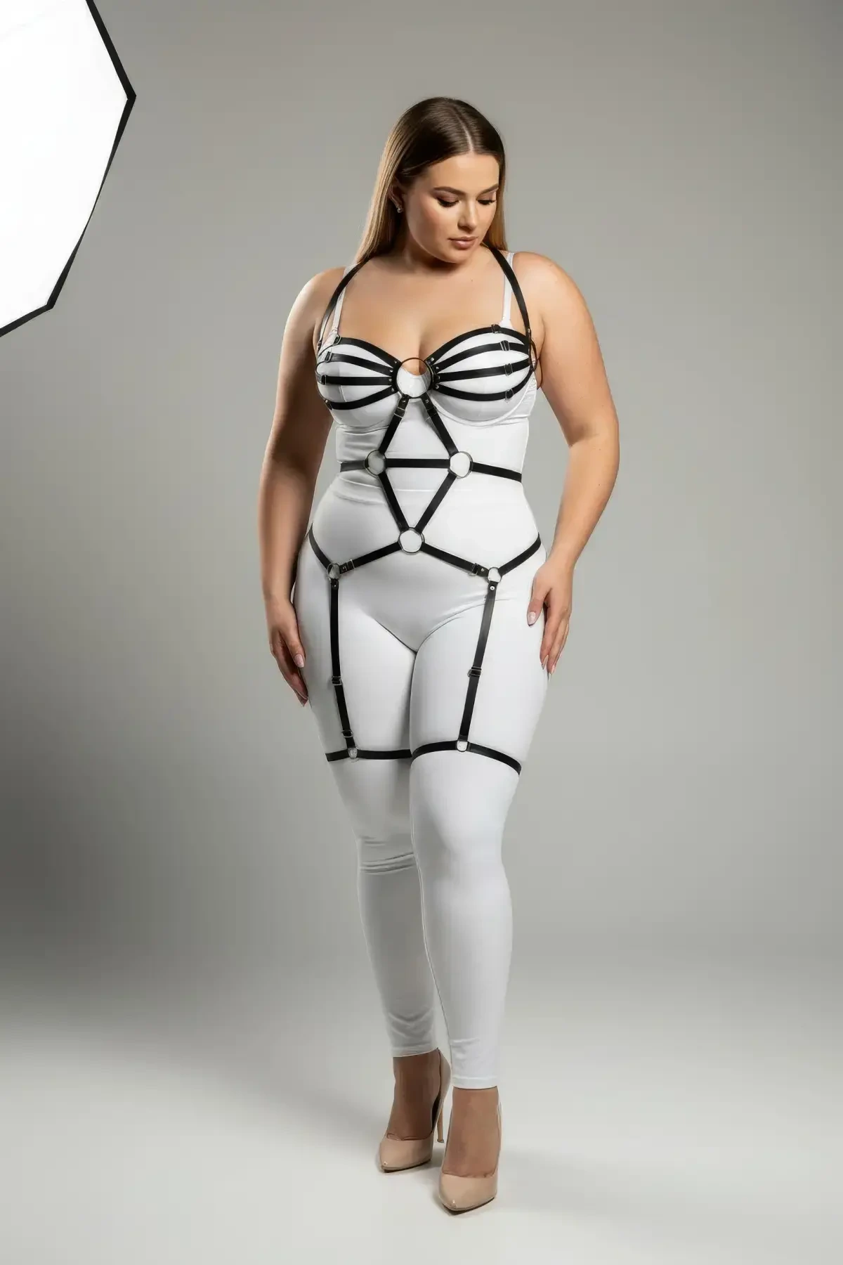 Plus Size Black Women's Leather Garter Harness Fancy Body Accessory - APFT568