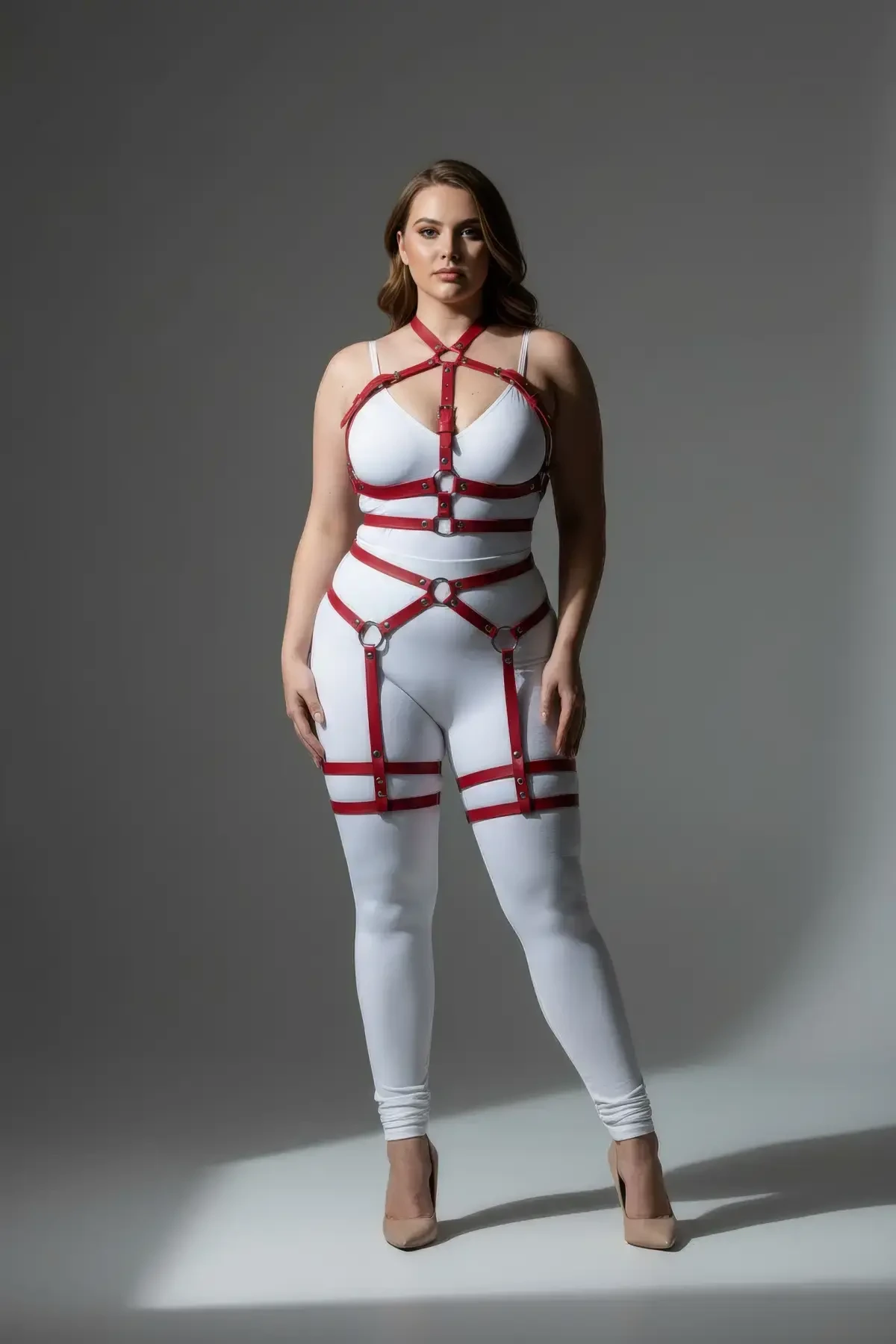 Plus Size Red Women's Garter Harness Whole Body Wrapping Leather Fantasy Accessory - APFT598