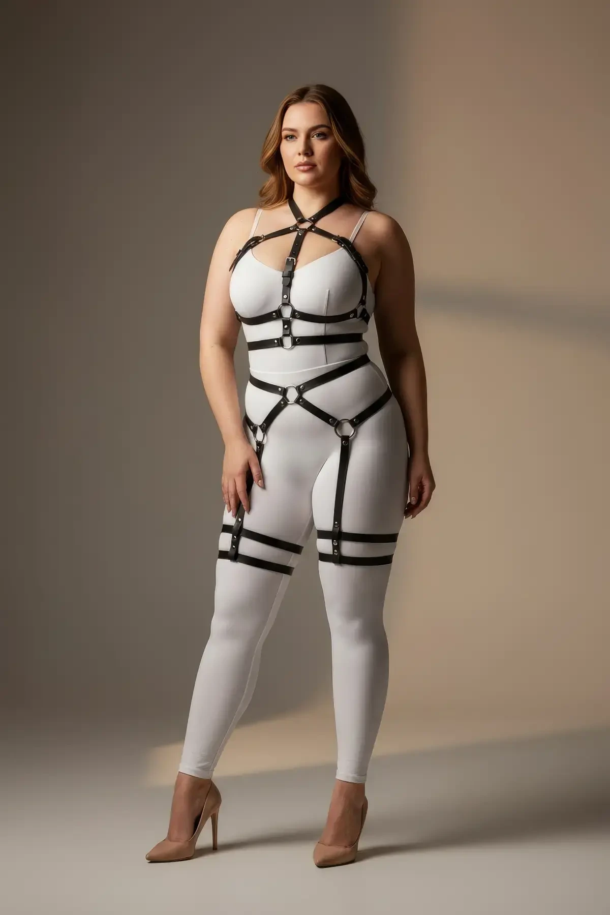 Plus Size Black Women's Leather Garter Harness Stylish Accessory with Waist and Leg Detail - APFT598