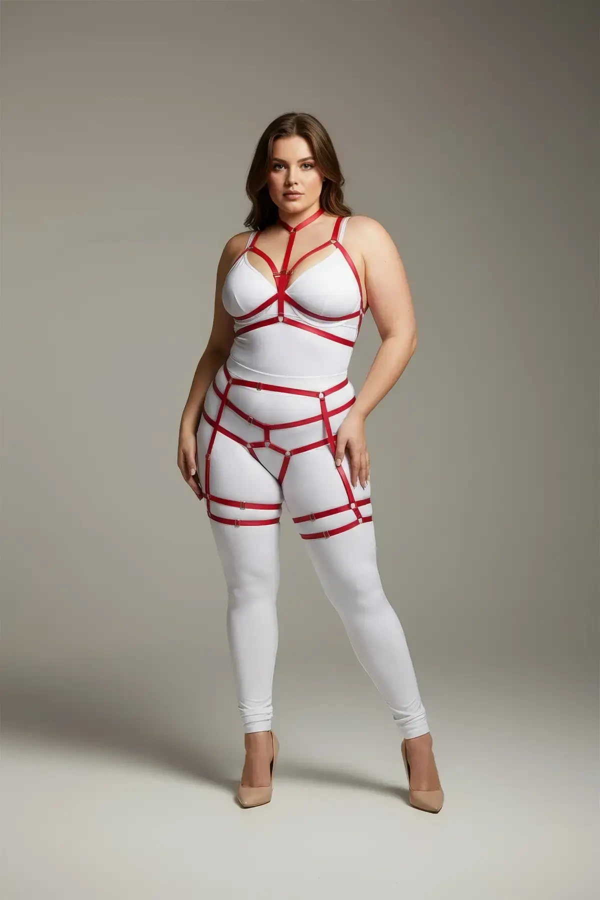 Plus Size Red Women's Garter Harness Body-hugging Fancy Leather Accessory - APFT142