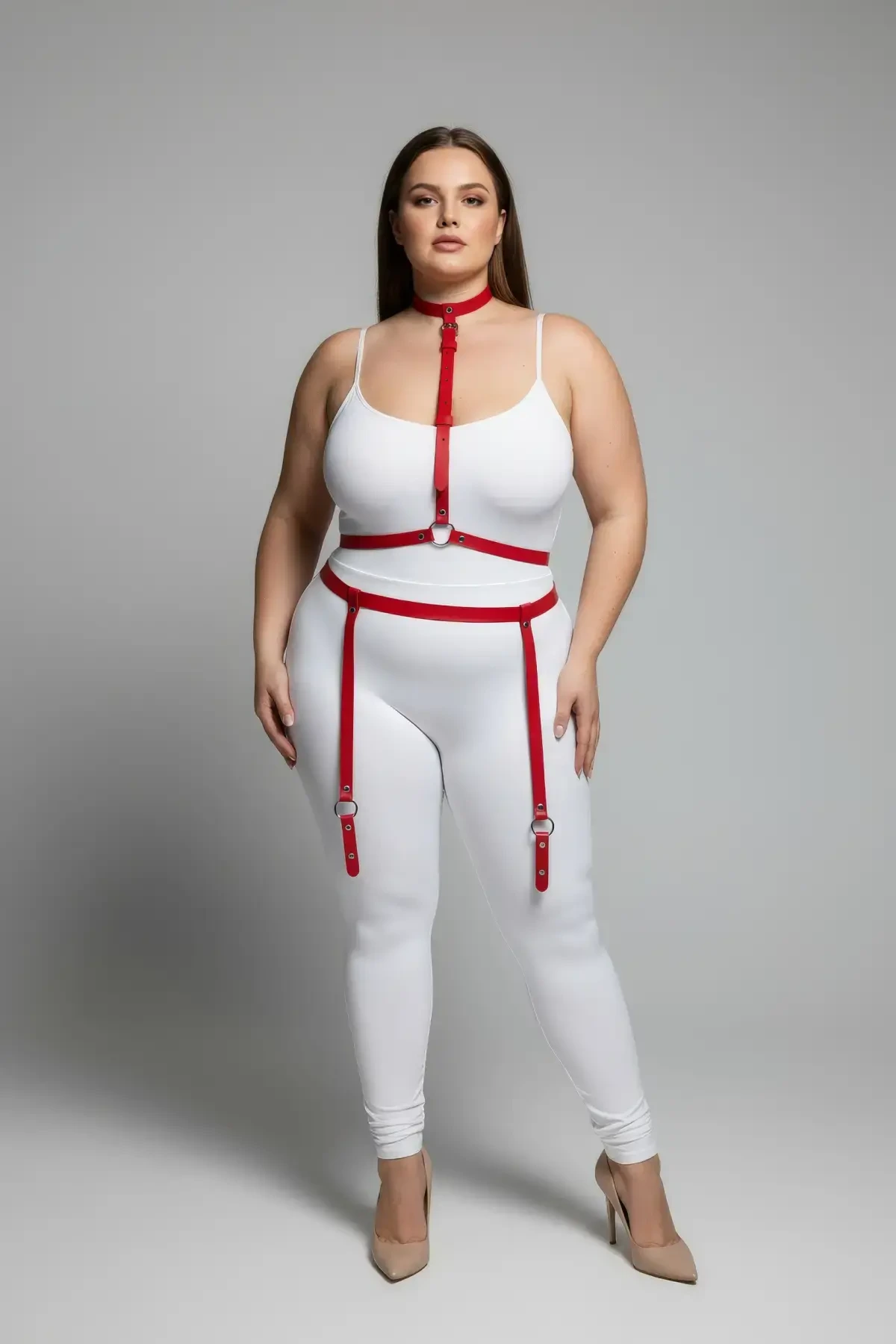 Plus Size Red Women's Garter Harness Leather Body Accessory - APFT230