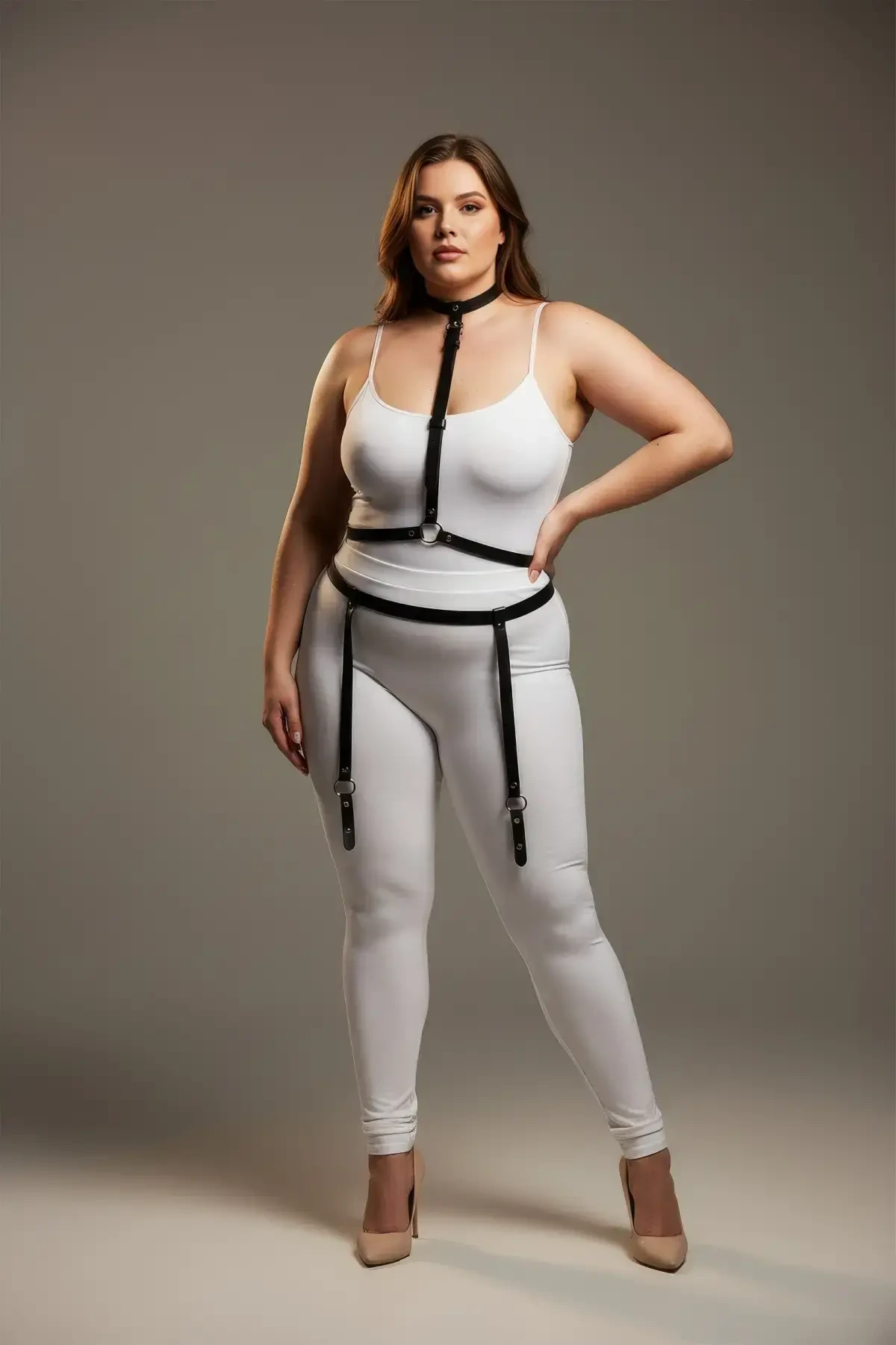 Plus Size Black Women's Garter Harness Leather Accessory with Neck and Leg Detail - APFT230