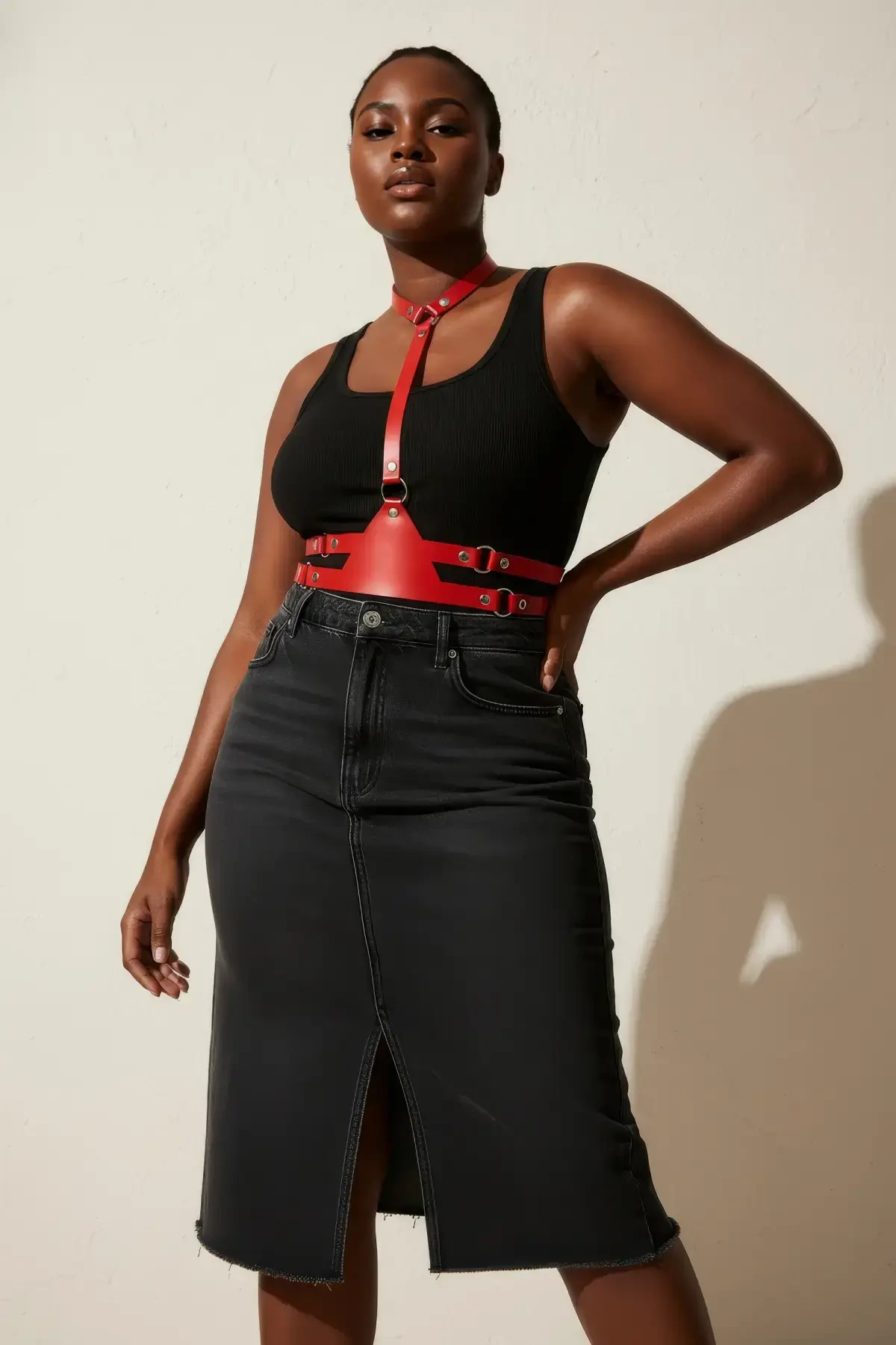 Büyük Beden Kırmızı Kadın Kemer Korse Tarzı Deri Harness Aksesuarı - APFT17