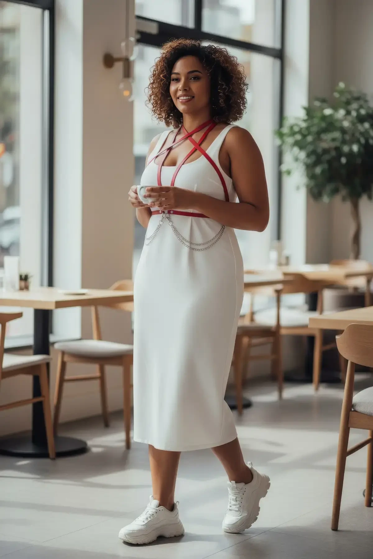 Büyük Beden Kırmızı Kadın Kemer Zincir Detaylı Deri Vücut Aksesuarı - APFT52