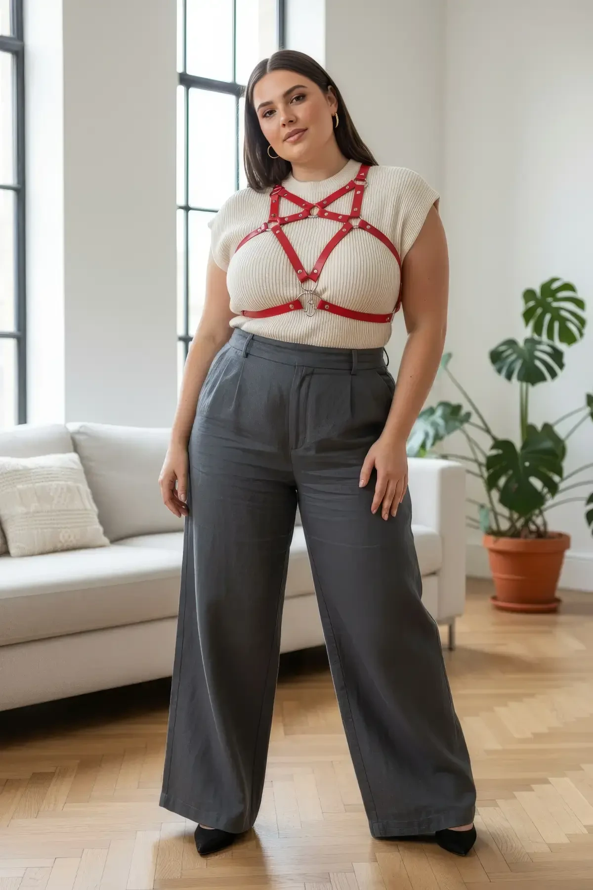 Büyük Beden Kırmızı Kadın Kemer Deri Harness Elbise Üstü Kombin Tamamlayıcı - APFT108