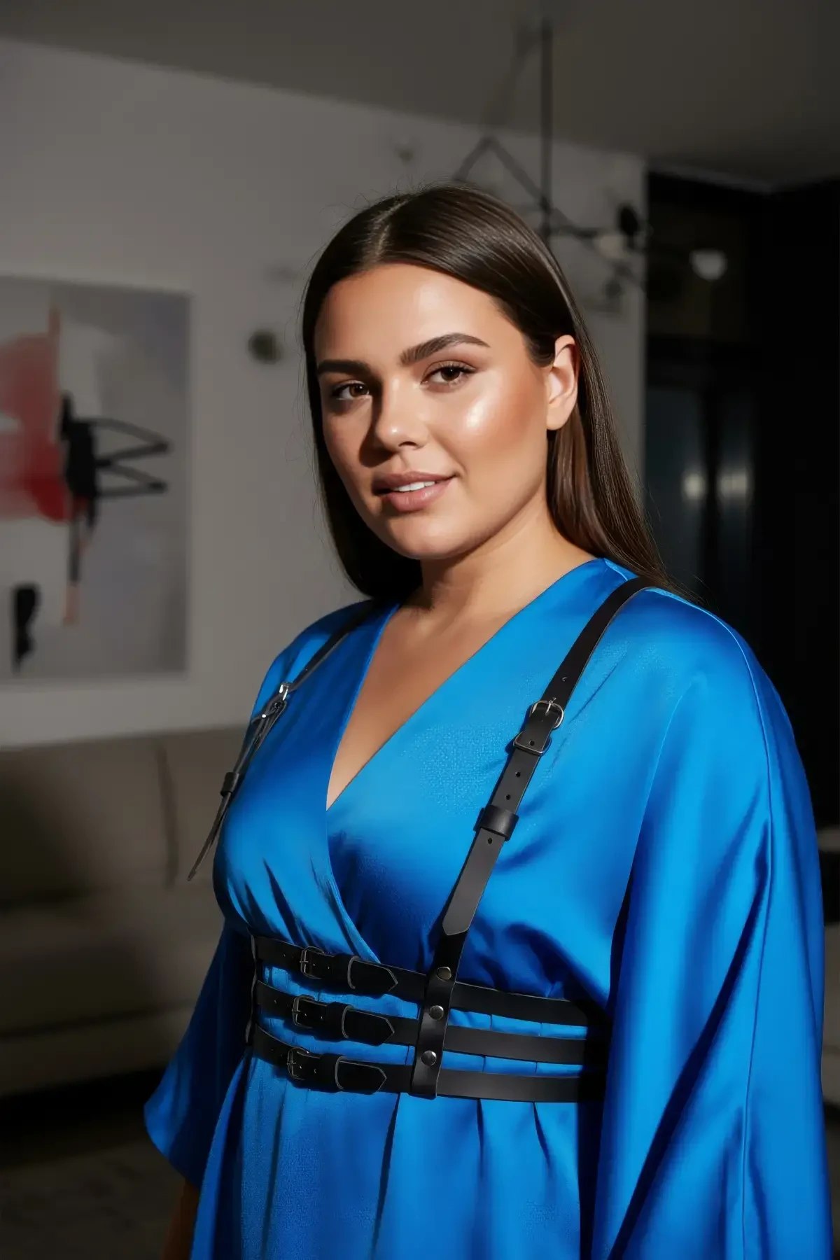 Büyük Beden Siyah Kadın Kemer Üç Bantlı Korse Tarzı Deri Harness - APFT178