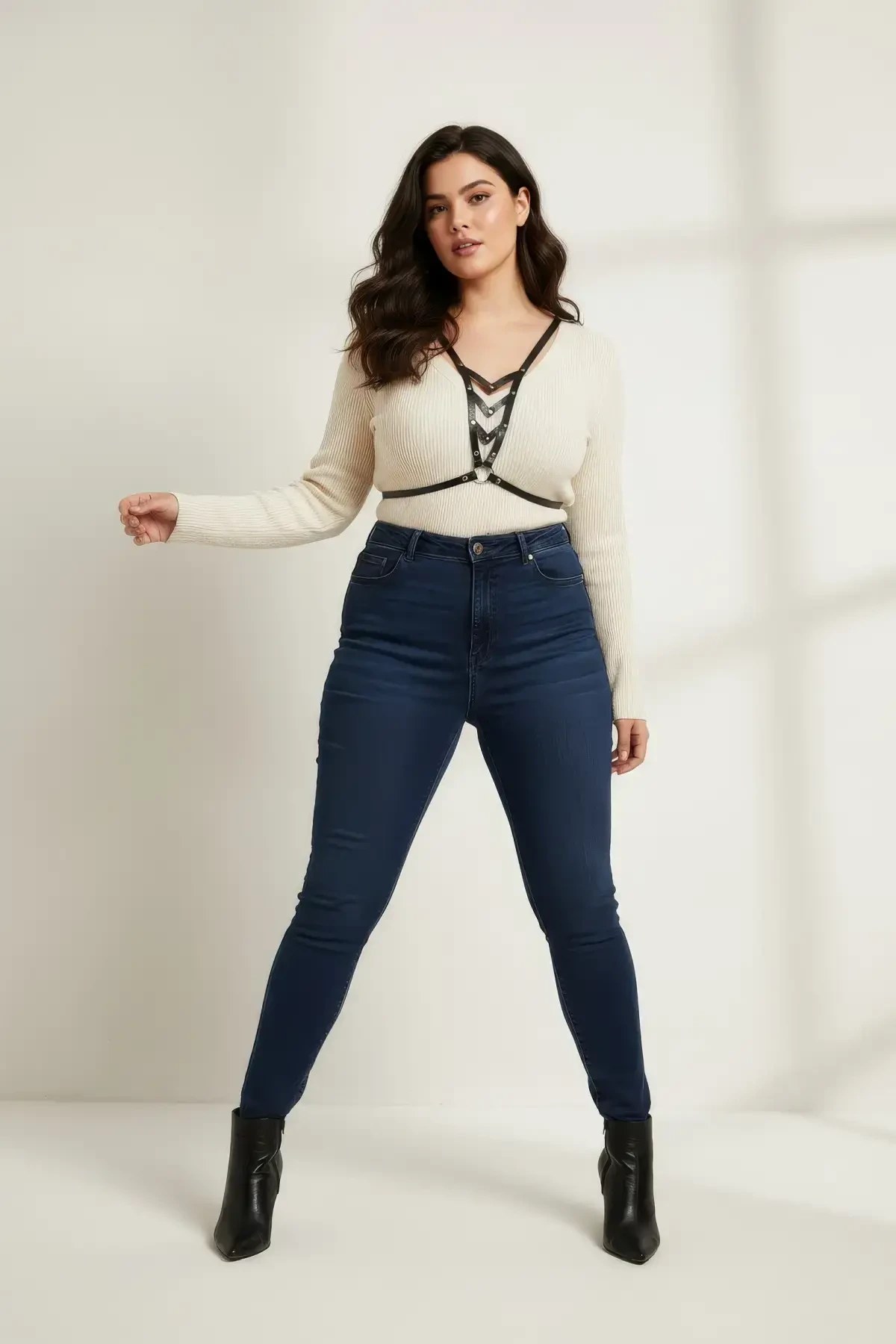 Büyük Beden Siyah Kadın Kemer, Halka Detaylı Deri Vücut Kemeri - APFT192