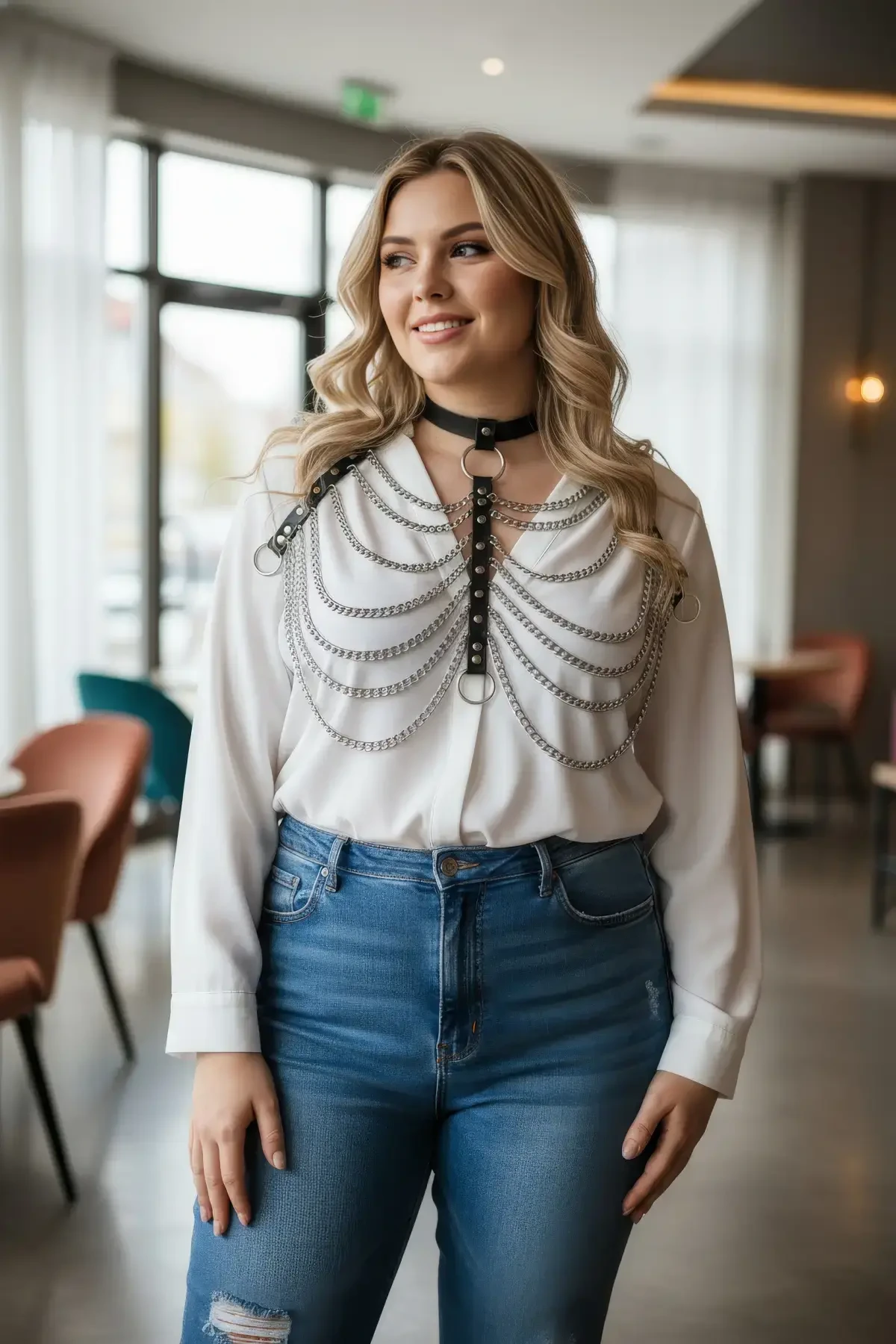 Büyük Beden Siyah Kadın Kemer Zincir Detaylı Deri Harness Vücut Aksesuarı - APFT401