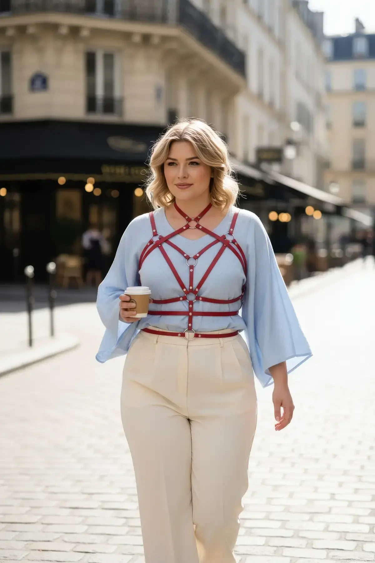 Plus Size Red Women's Leather Body Garter with Belt & Ring Detail - APFT430