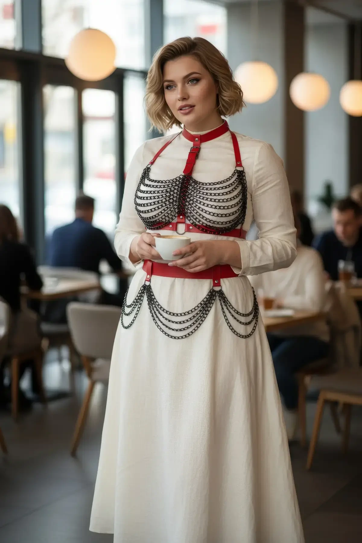 Plus Size Red Women's Belt Chain Detailed Leather Body Accessory - APFT438