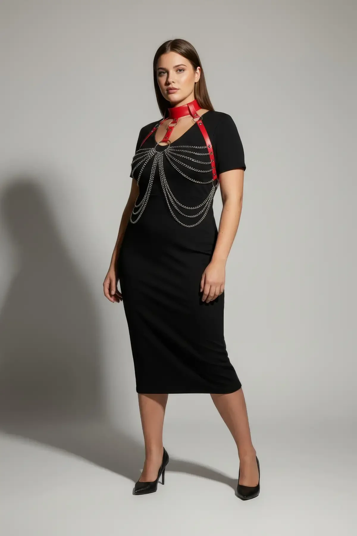 Plus Size Red Women's Belt Chain Detailed Leather Body Accessory - APFT463