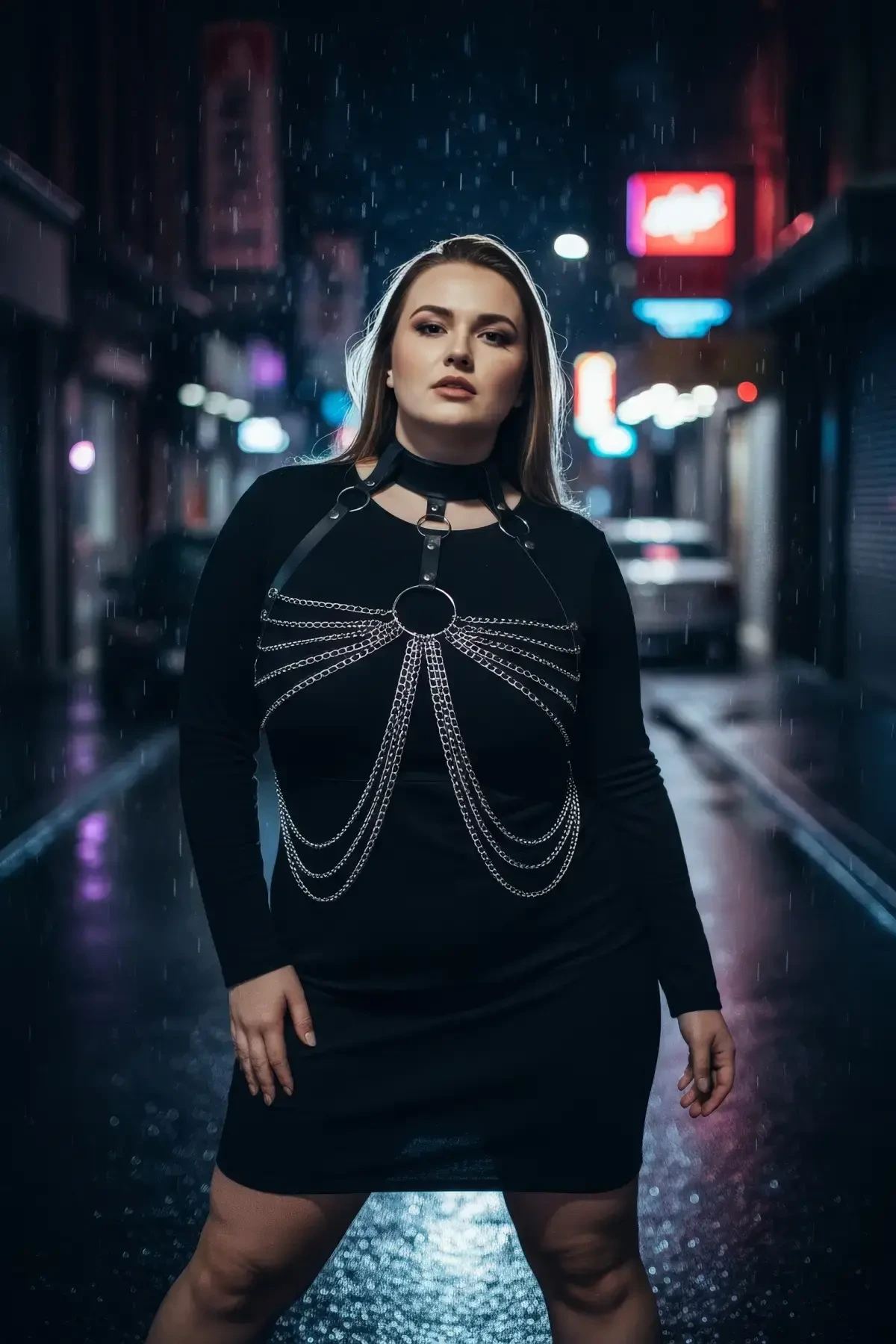 Plus Size Black Women's Belt Chain Detailed Leather Body Accessory - APFT463