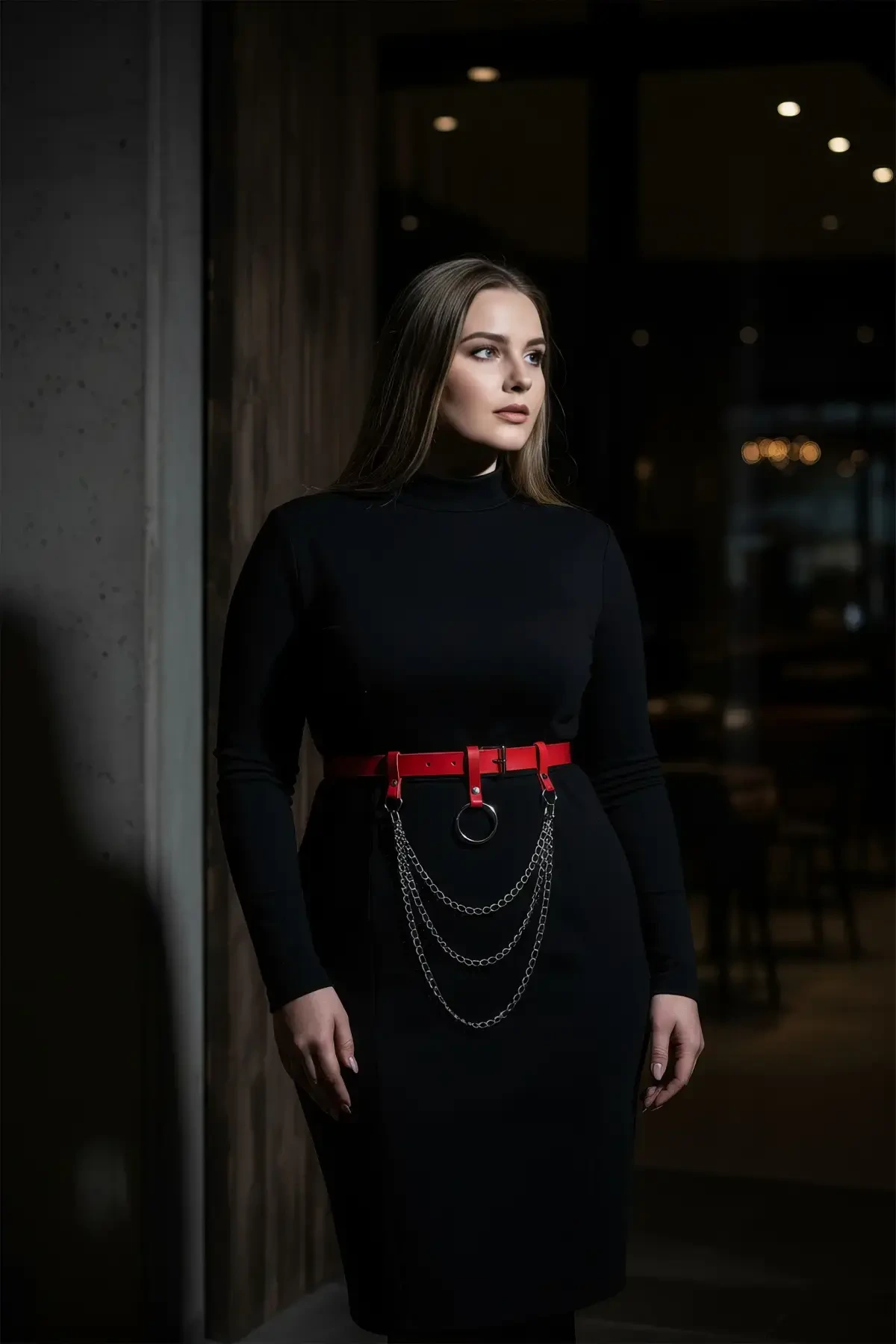 Plus Size Red Women's Belt with Ring Buckle and Chain Detail Leather Accessory - APFT484