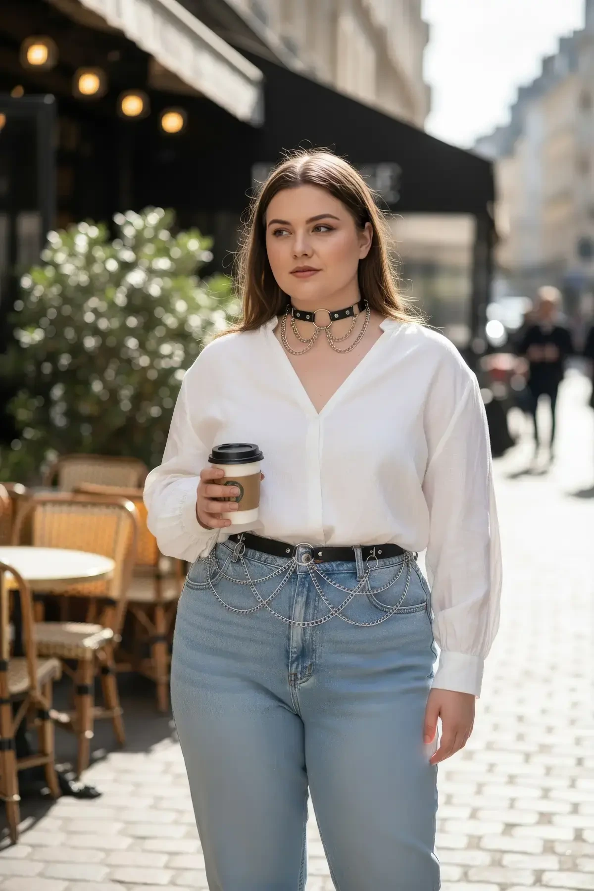 Large Size Black Women's Belt Chain Detailed Leather Look Outfit Accessory - APFT506