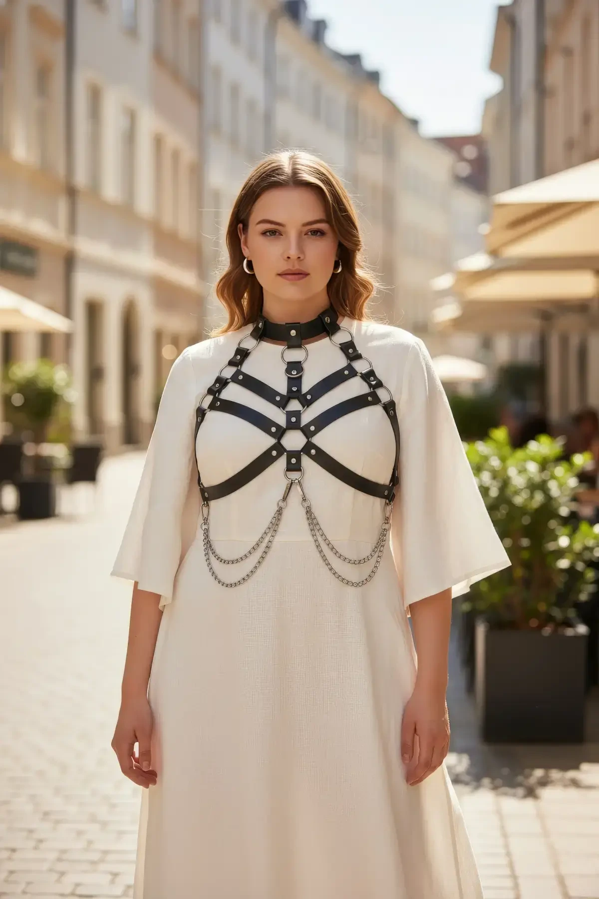 Plus Size Black Women's Belt Chain Detailed Leather Harness Body Accessory - APFT517