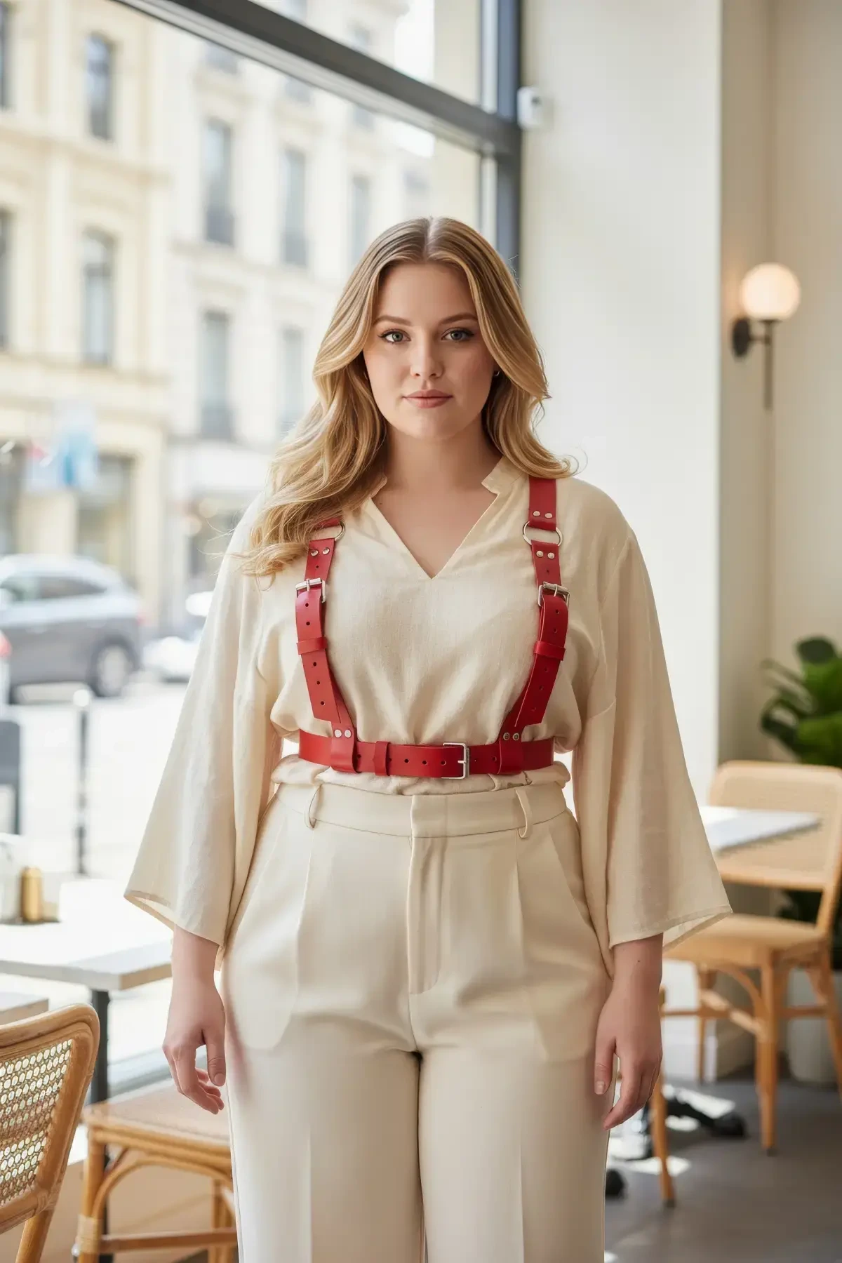 Plus Size Red Women's Belt, Thick Leather Harness Body Accessory - APFT529