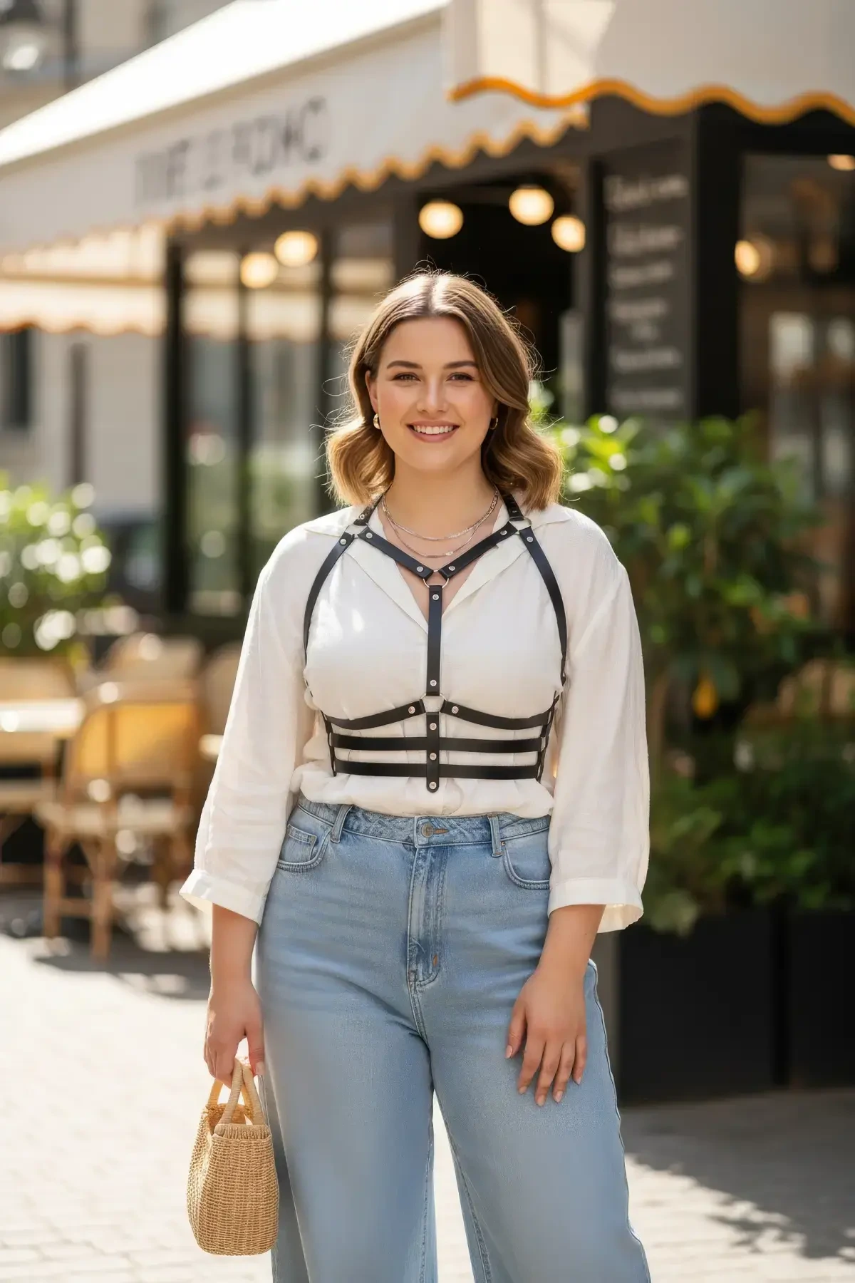 Plus Size Black Women's Belt Leather Body Harness with Staple Detail - APFT543