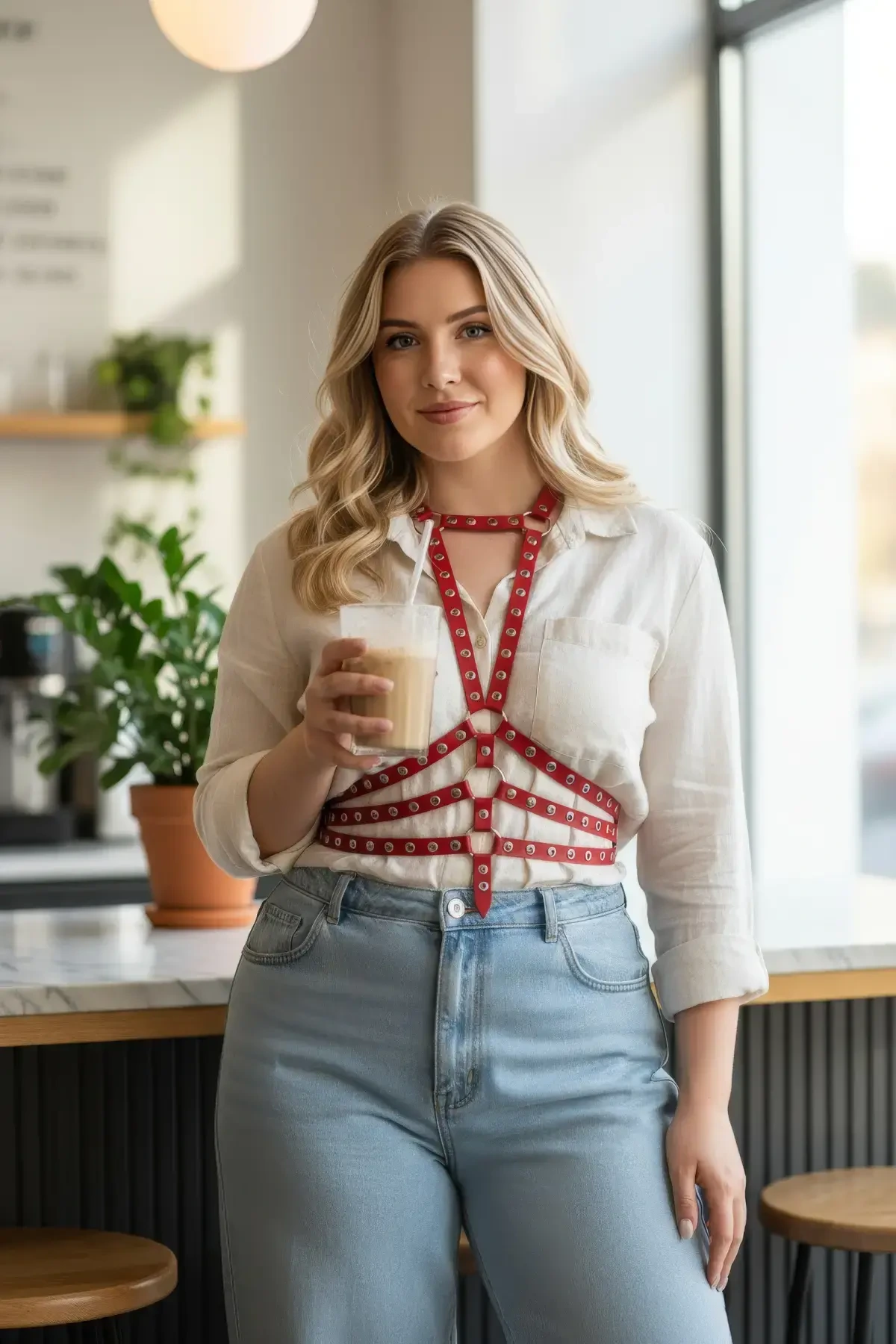 Plus Size Red Women's Belt Harness Style Leather Body Accessory with Metal Detail - APFT546