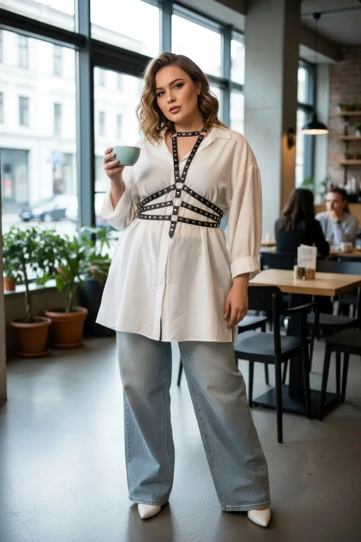 Plus Size Black Women's Belt, Riveted Leather Harness Body Accessory - APFT546