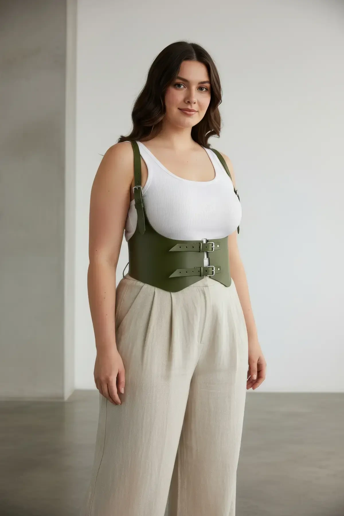 Plus Size Khaki Women's Belt Corset Style Shoulder Strap with Double Buckle - APFT612