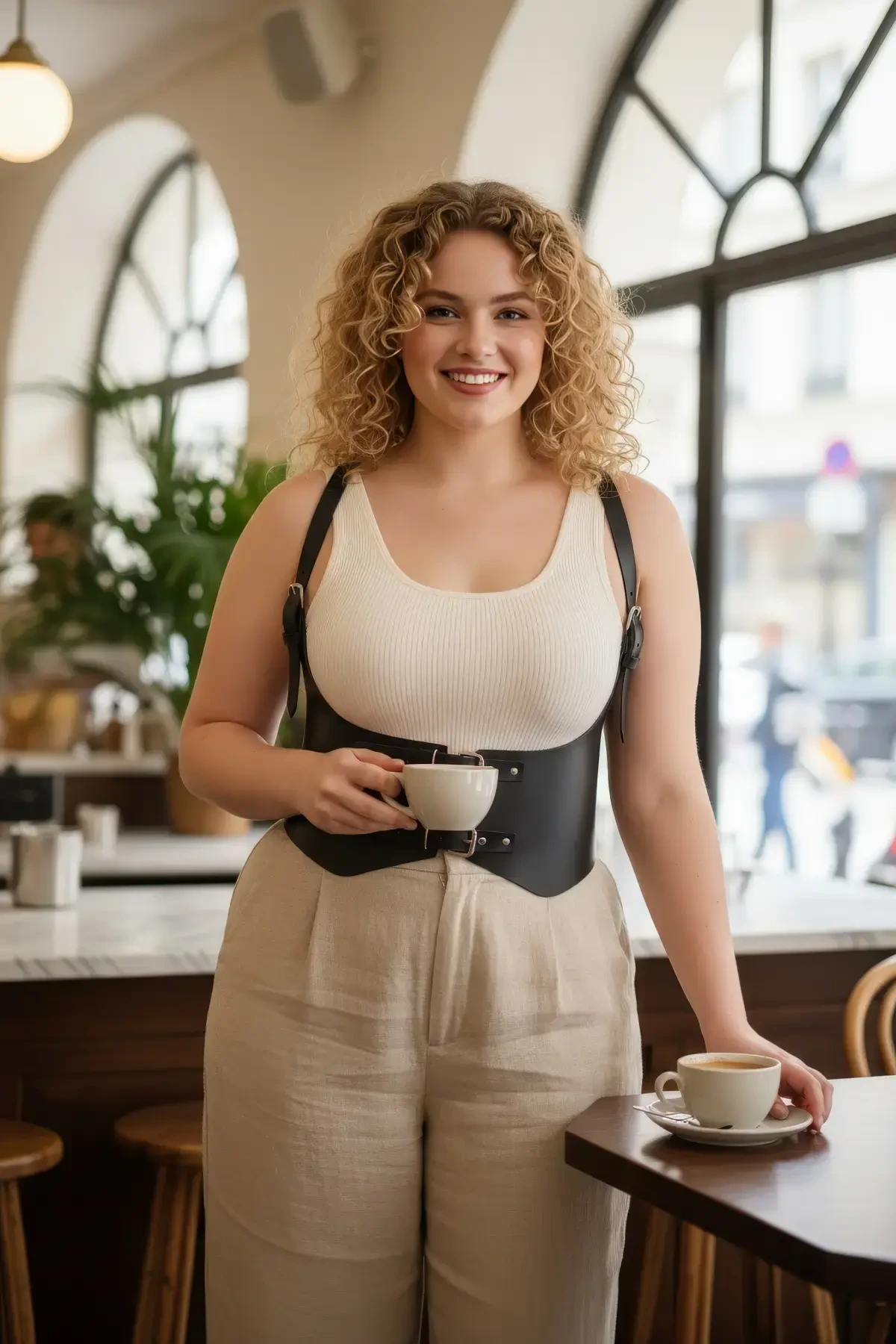 Plus Size Black Women's Leather Corset Belt with Shoulder Strap Combination Complement - APFT612