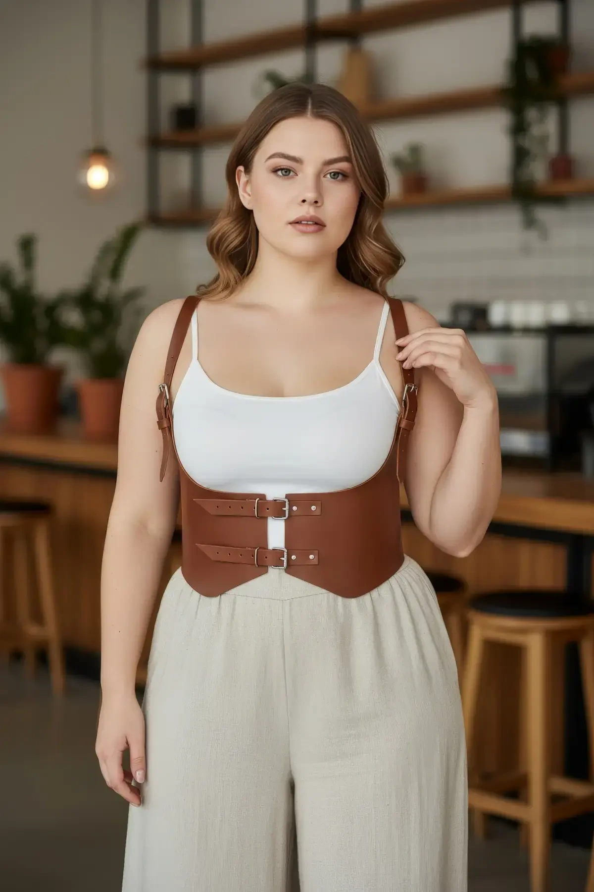 Plus Size Tan Women's Belt Shoulder Strap Corset Detailed Leather Combination Complement - APFT612