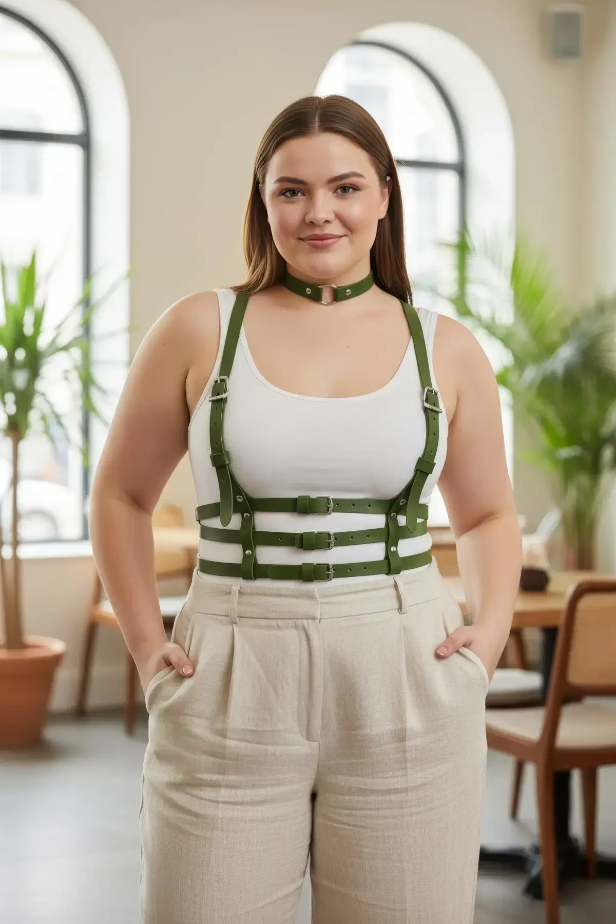 Plus Size Khaki Women's Leather Belt with Multiple Buckles Harness Body Accessory - APFT615