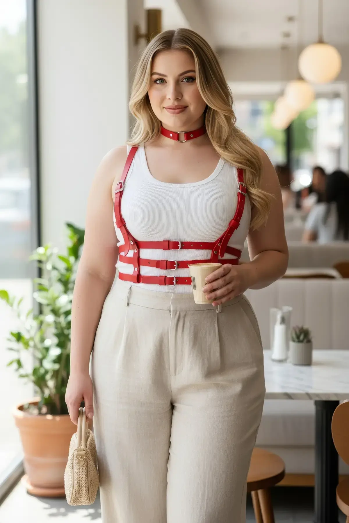 Plus Size Red Women's Belt Leather Harness Corset Look Body Accessory - APFT615