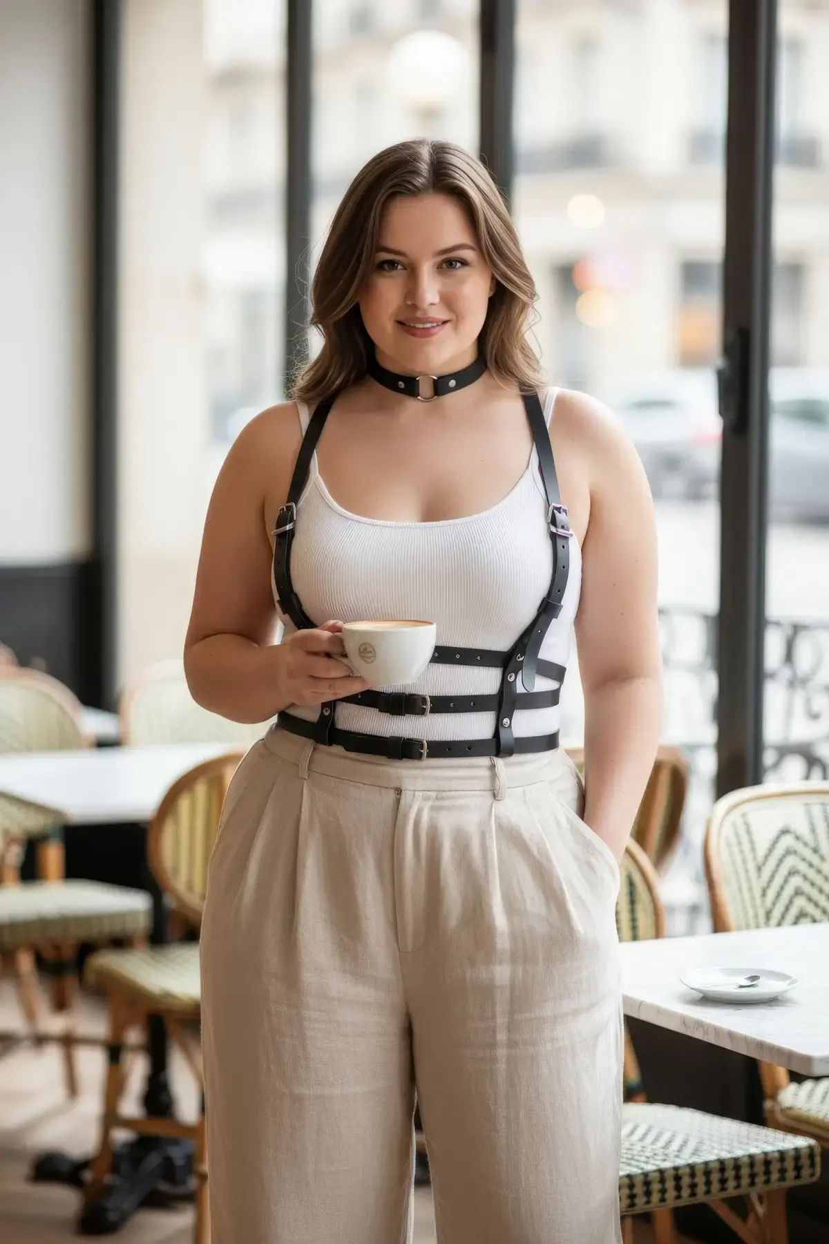 Plus Size Black Women's Leather Harness Corset Belt Style Body Accessory - APFT615