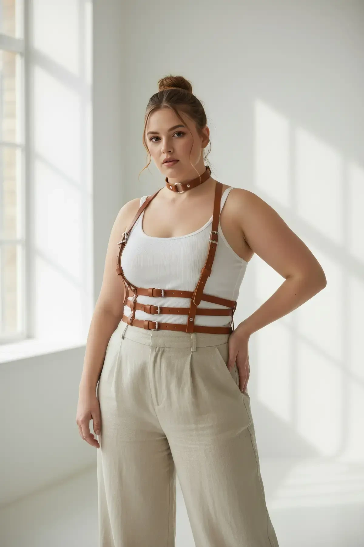 Large Size Tan Women's Belt Body Accessory Multi-Striped Aesthetic Design - APFT615