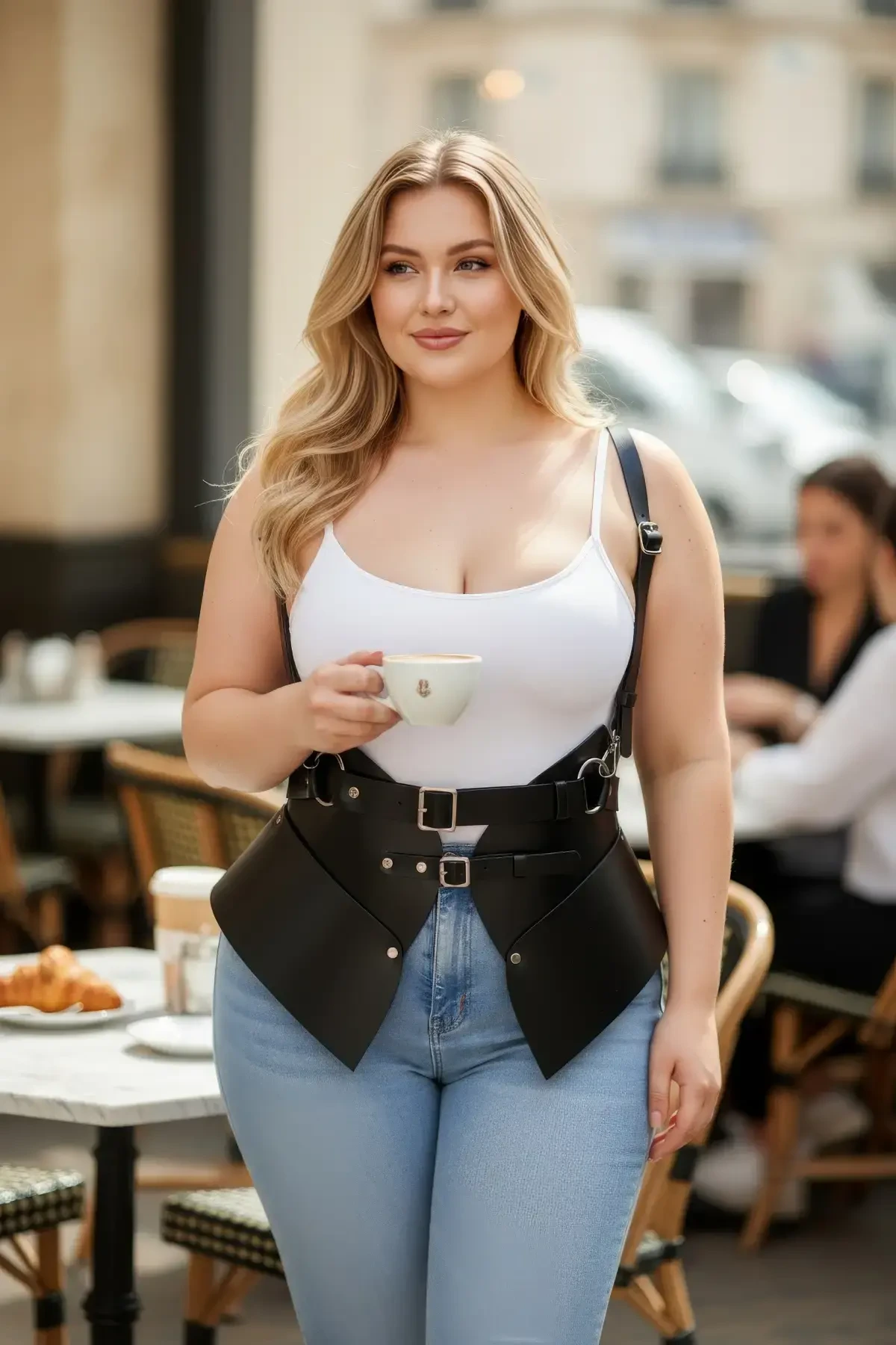 Plus Size Black Women's Leather Corset Belt with Shoulder Strap Waist Shaper - APFT616