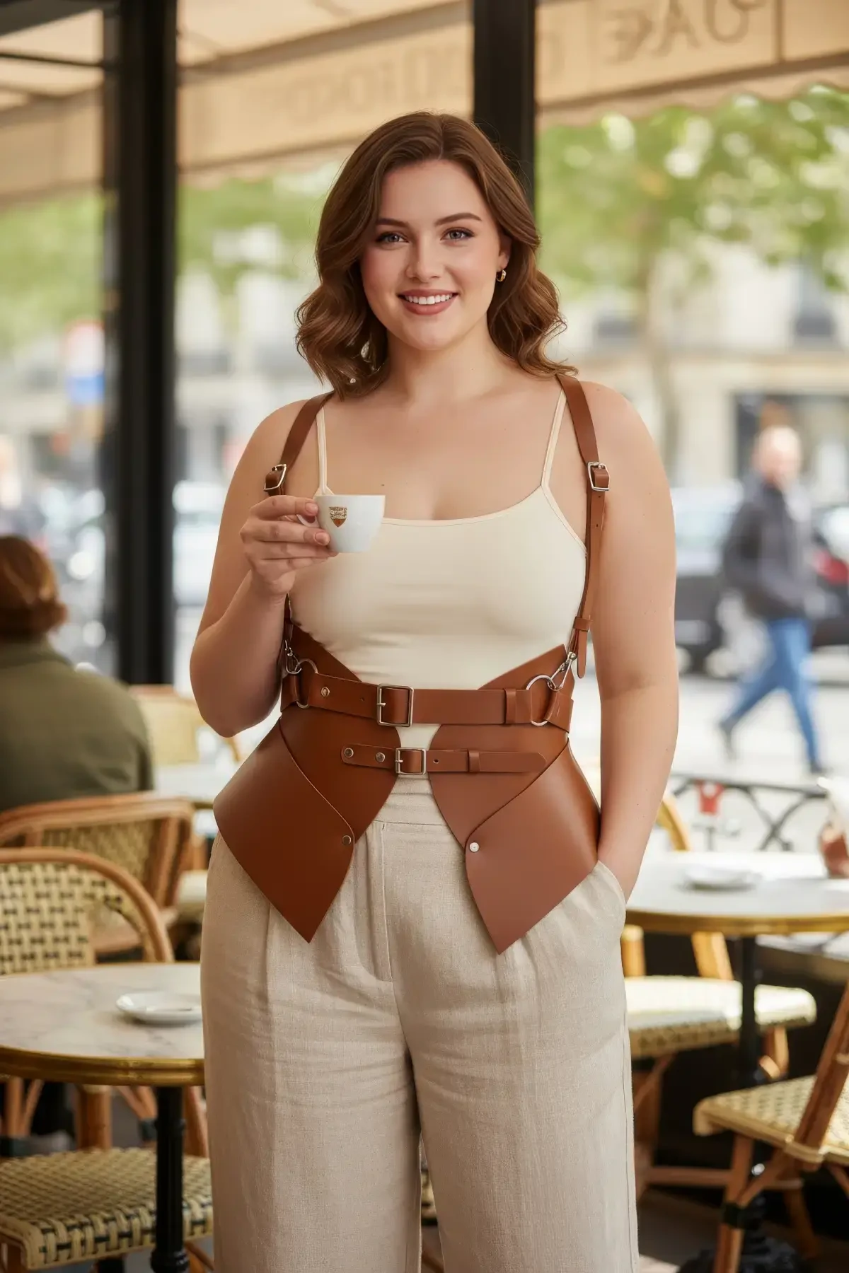 Plus Size Tan Women's Belt Shoulder Strap Corset Design - APFT616