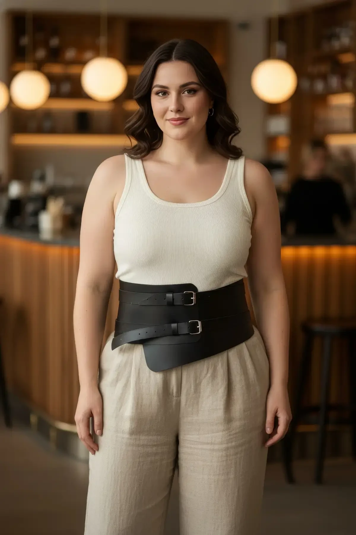 Plus Size Black Women's Leather Corsage Belt Double Buckle Waist Highlighting - APFT617