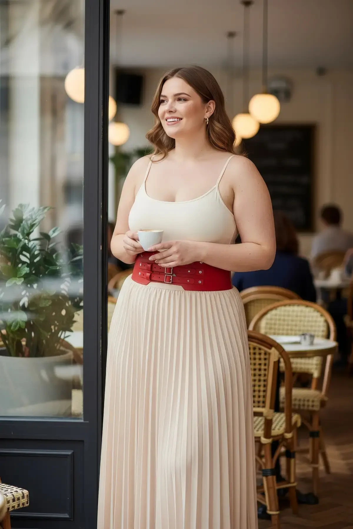 Plus Size Red Wide Belt with Multi-Buckle Bodice Detail - APFT618