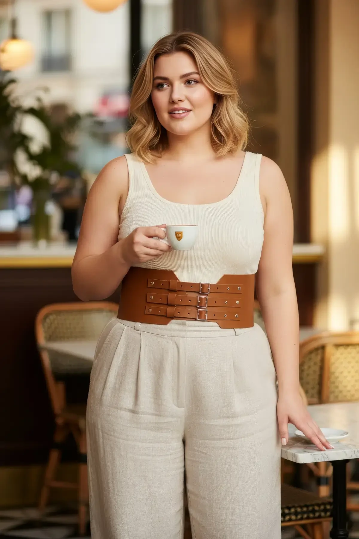 Plus Size Tan Women's Belt Three-Buckle Wide Corset Waist Highlighter - APFT618