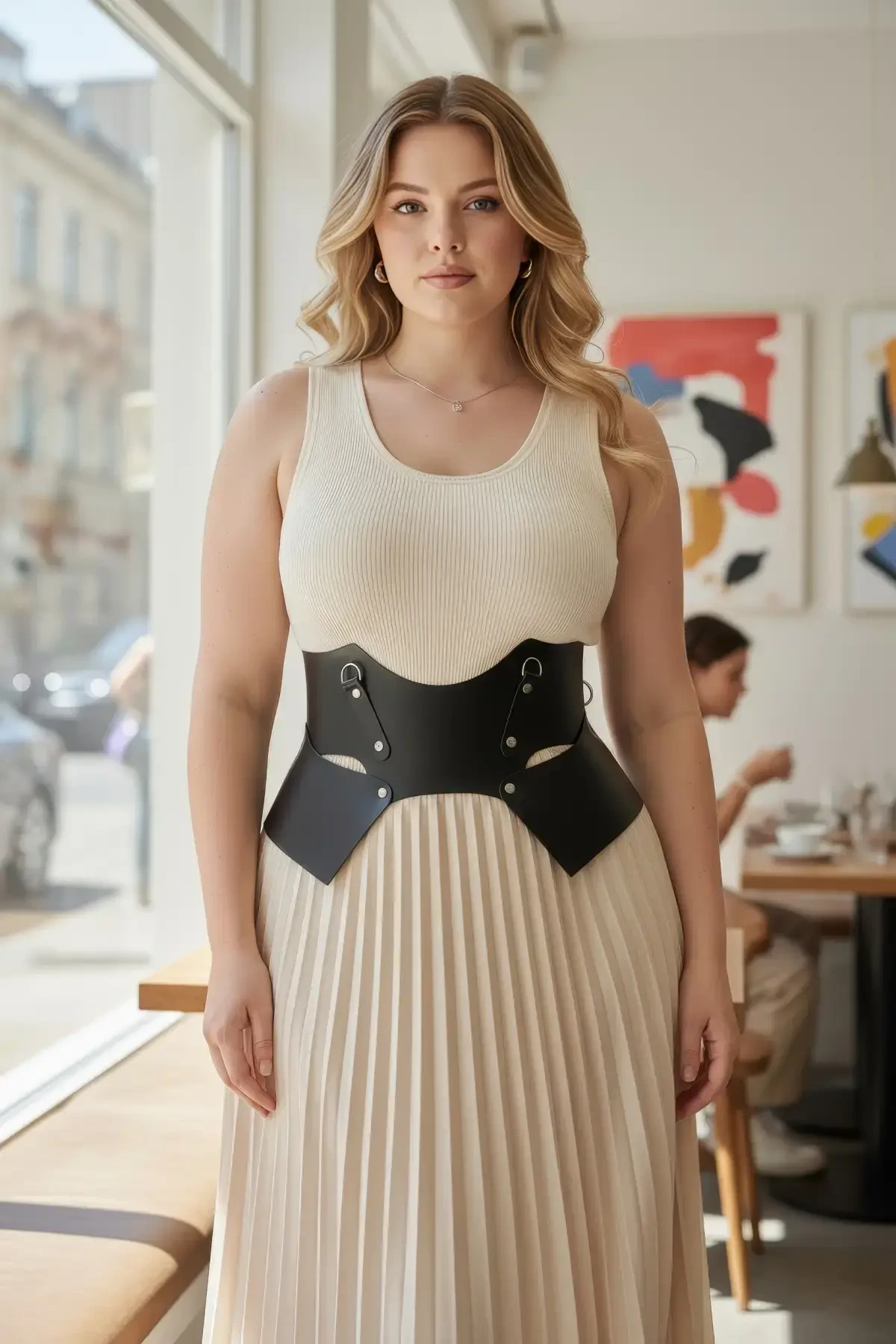 Plus Size Black Women's Belt with Corset Look and Wide Leather Ring Detail - APFT619