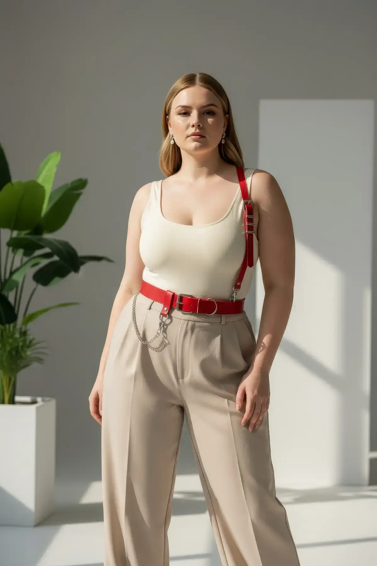 Plus Size Red Women's Belt Chain Detailed Harness Body Accessory - APFT620