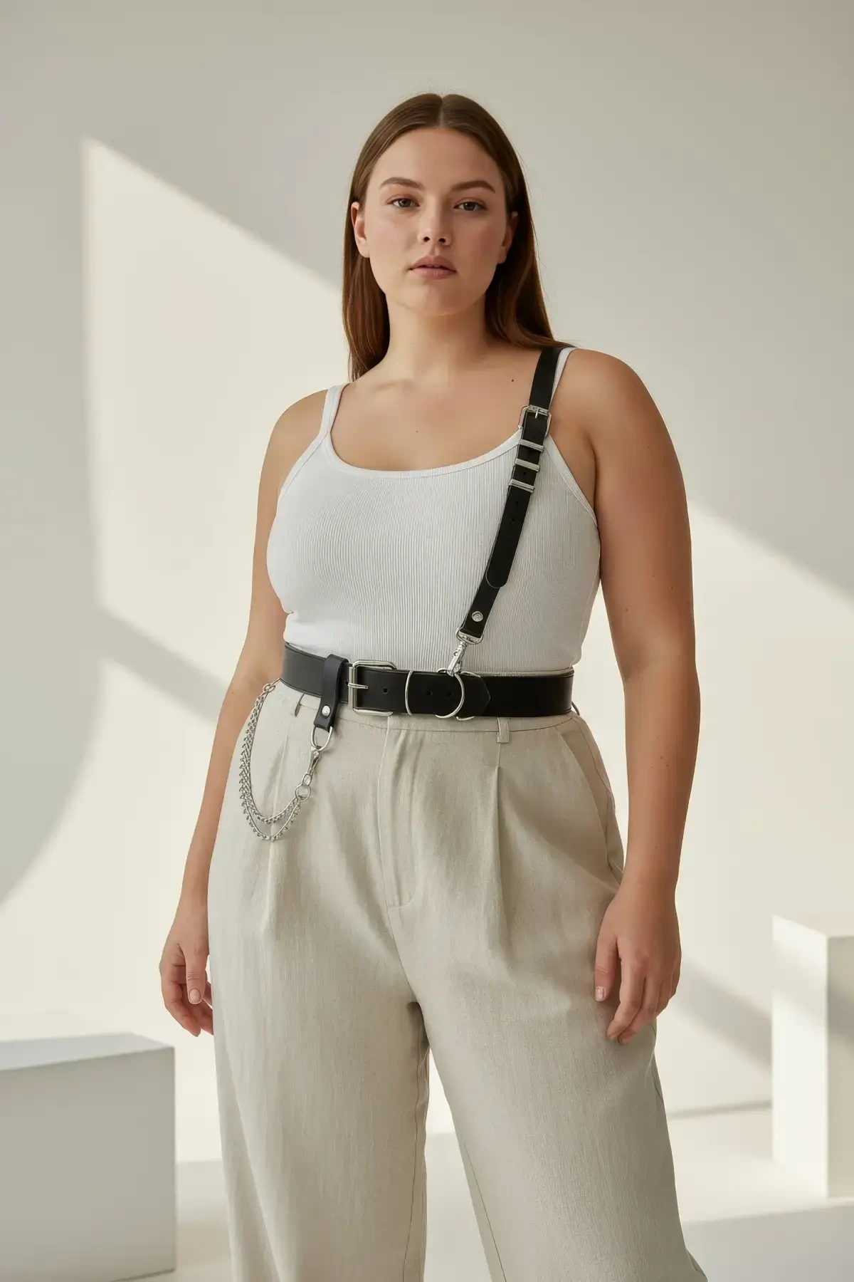 Plus Size Black Women's Belt Chain Detailed Harness Design - APFT620