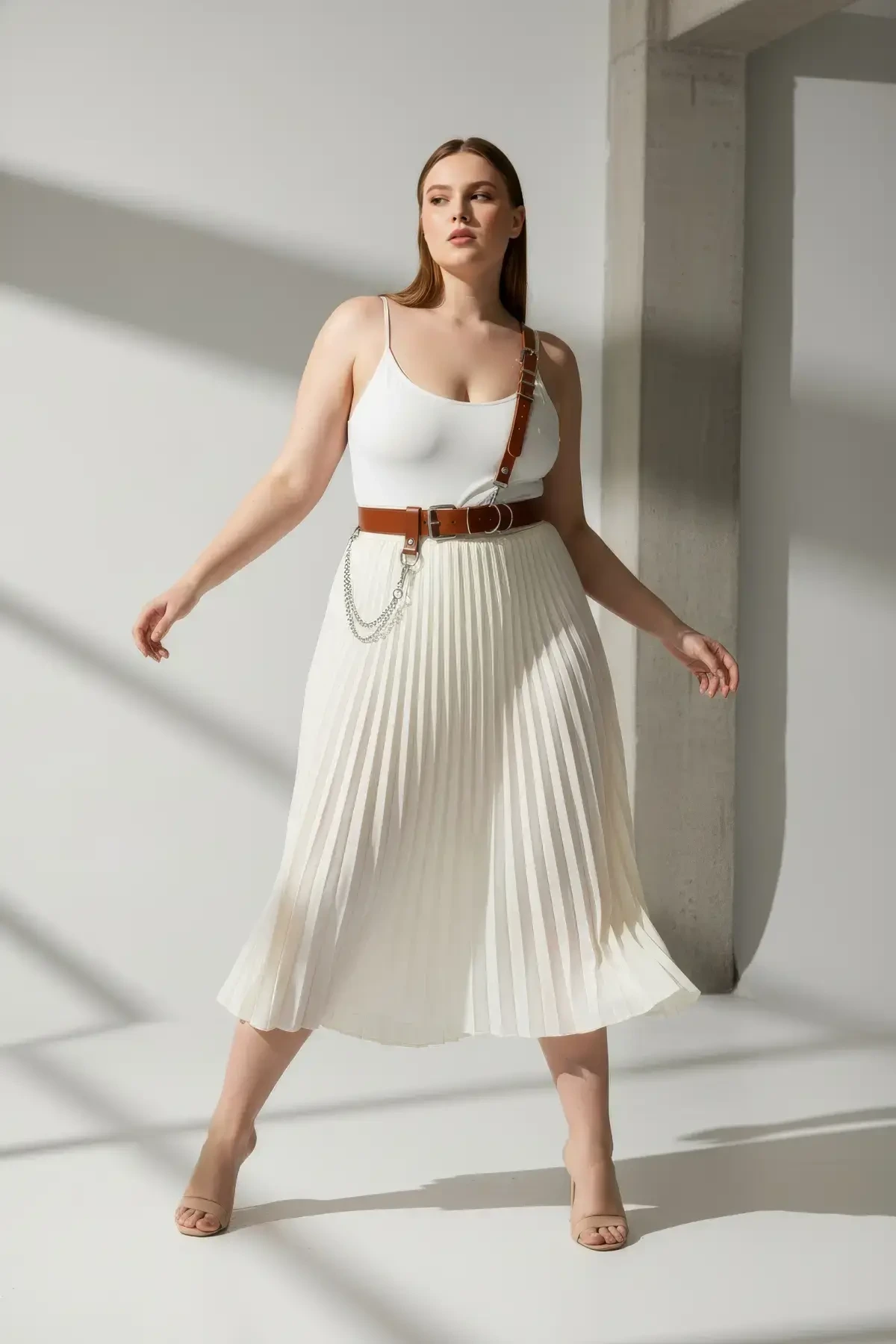 Plus Size Tan Women's Genuine Leather Shoulder Strap Body Belt with Chain Detail - APFT620