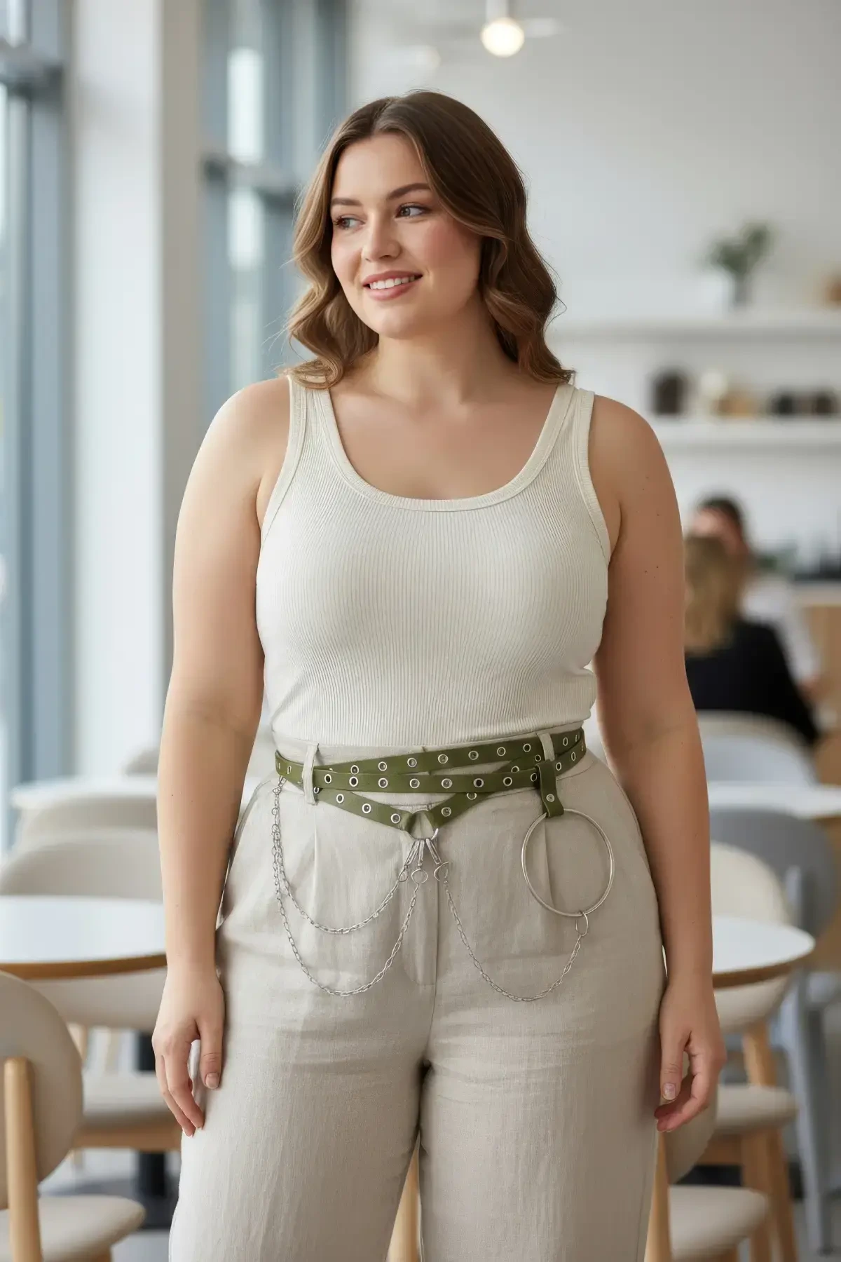 Plus Size Khaki Women's Belt, Chain and Ring Detailed Trend Model - APFT621